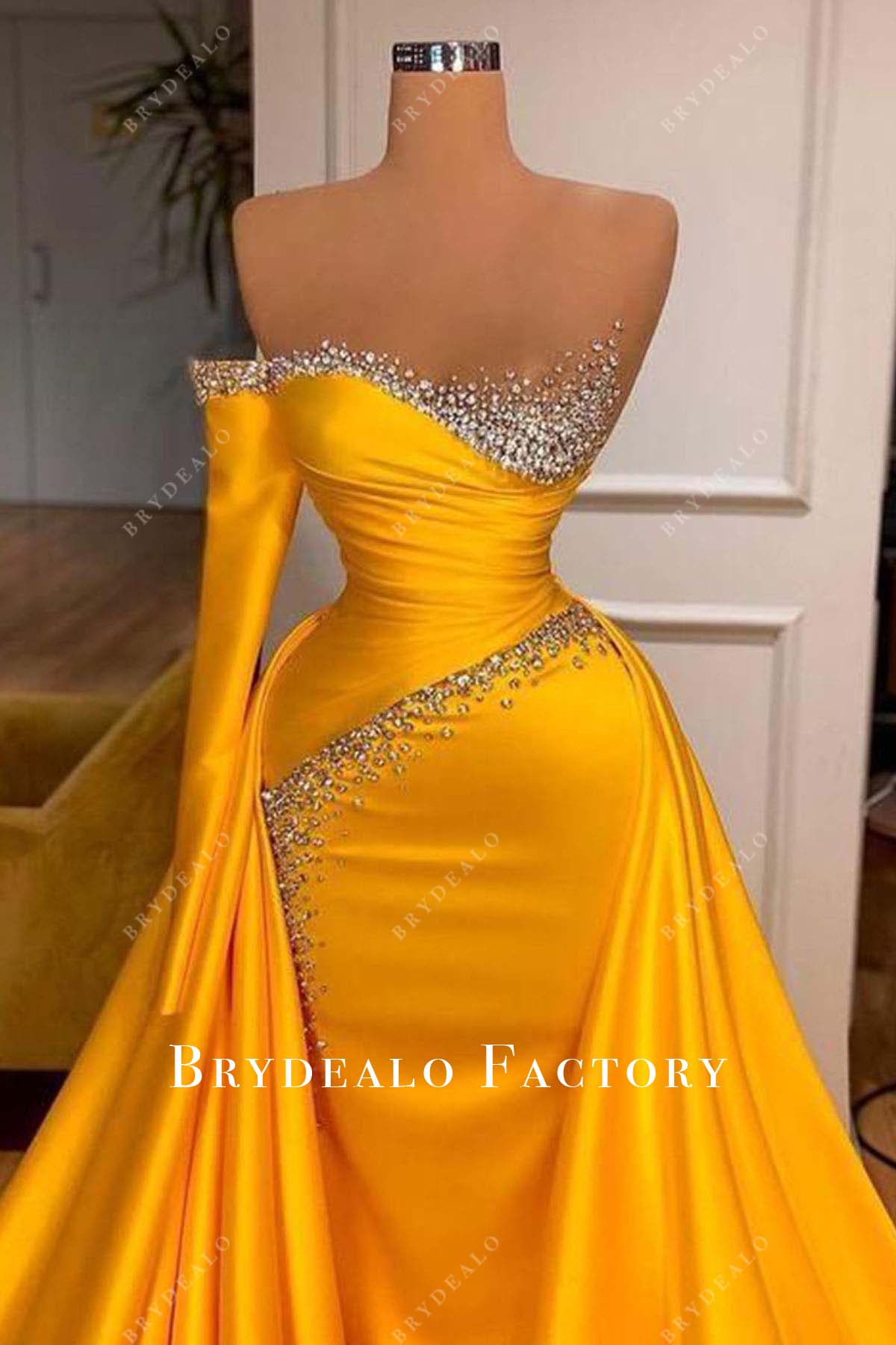 marigold satin one sleeve rhinestones prom dress