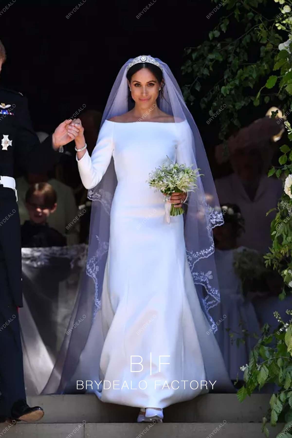 Meghan Markle Simple White 3/4 Sleeves Wedding Gown