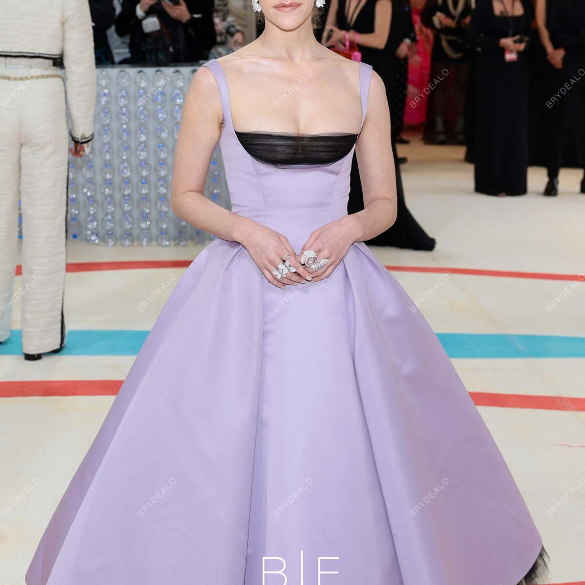 purple met gala dress Micaela Diamond 2023 Met Gala Lilac Satin Ankle Length Dress