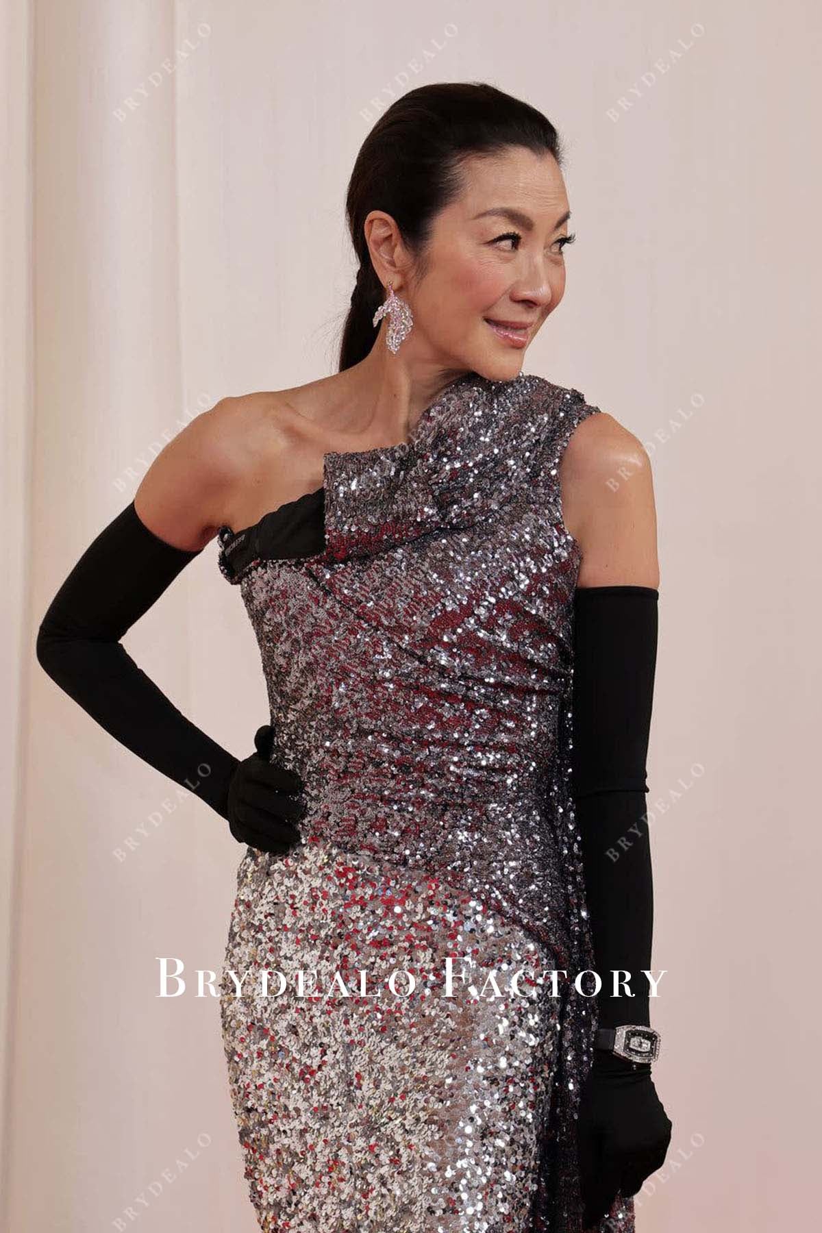 Michelle Yeoh 2024 Oscars Red Carpet Silver Sequined Dress