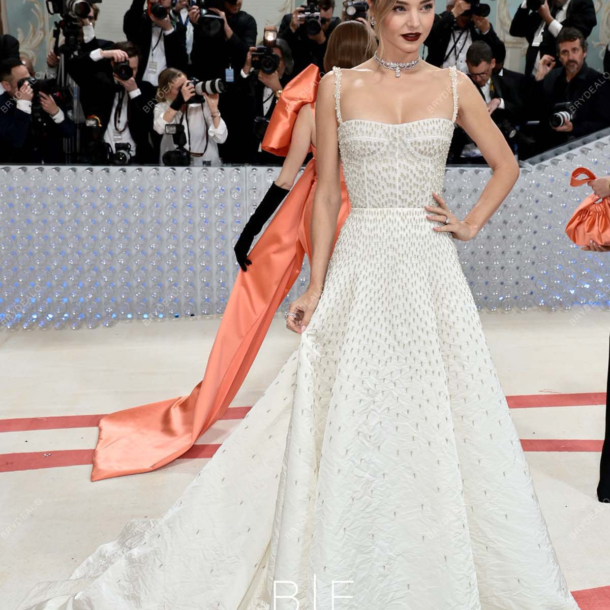 Miranda Kerr Met Gala Ivory Pearls A-line Long Train Dress 2023 Miranda Kerr Met Gala Ivory Pearls A-line Long Train Dress 2023