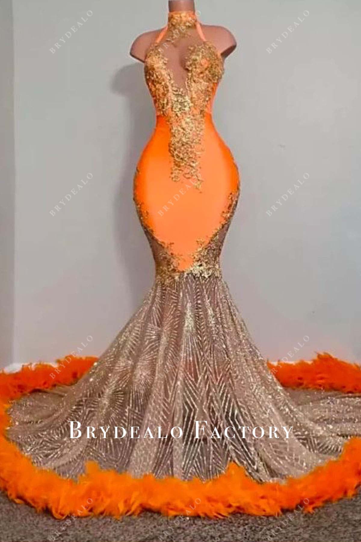 orange feathered trumpet prom dress