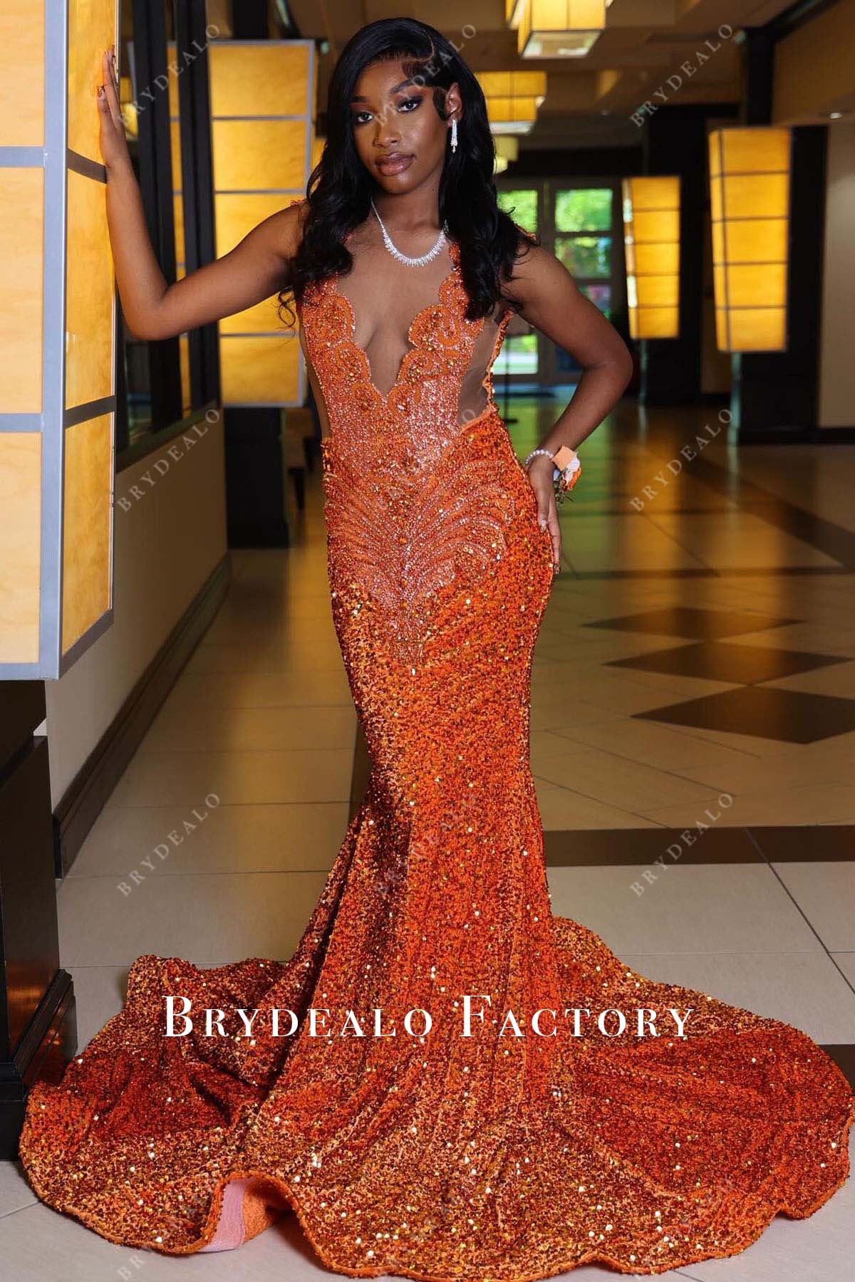 orange sequined prom dress