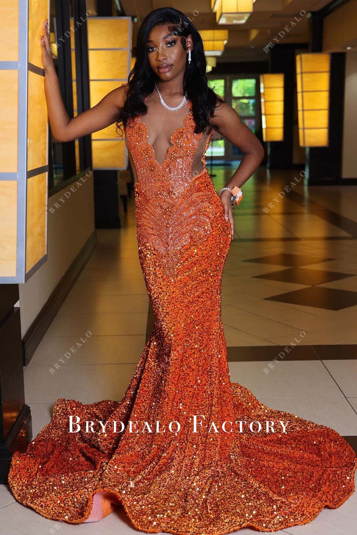 Sexy Orange Sleeveless Mermaid Crystal Glamorous Prom Dress