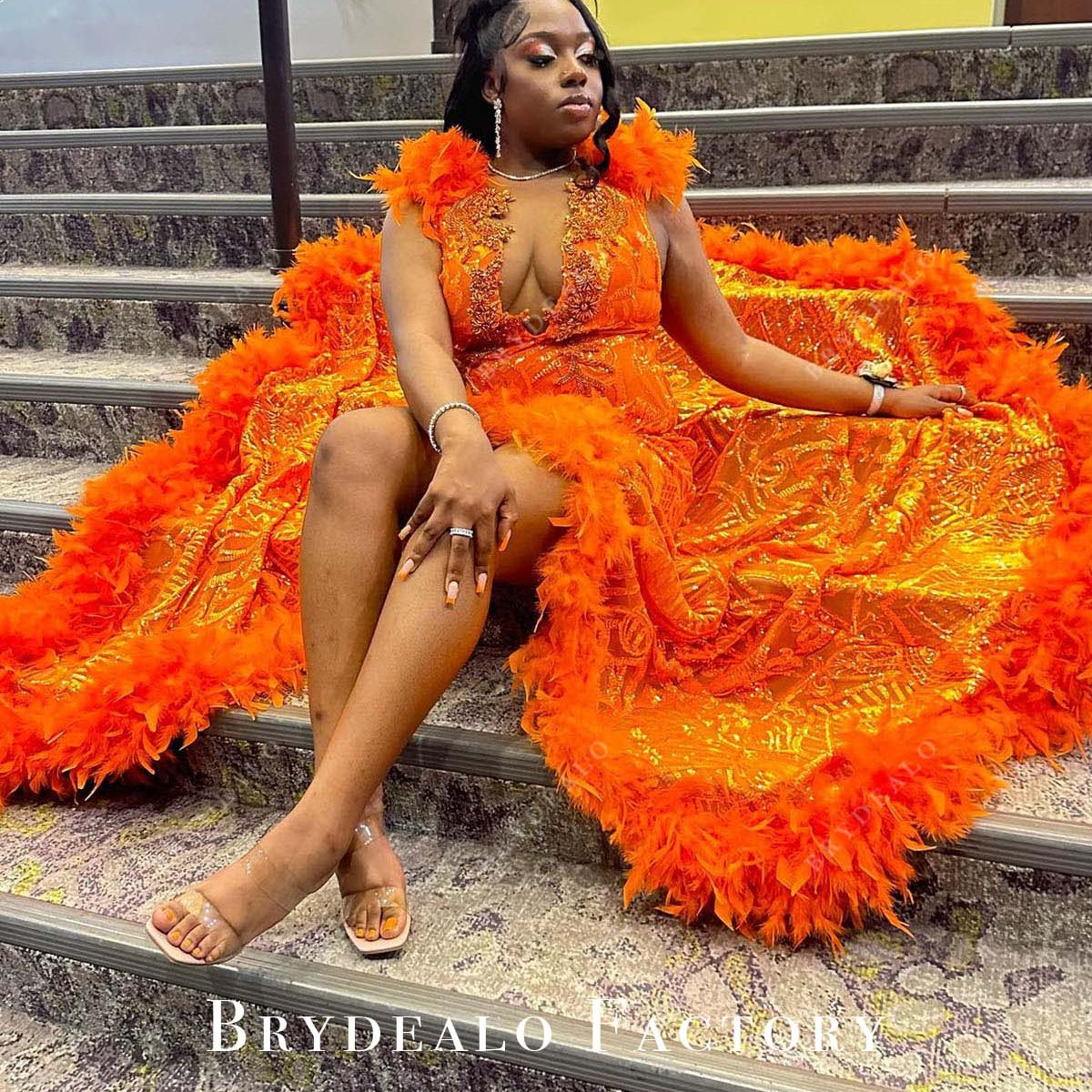 Orange Sequined Slit Feathered Hem Prom Dress
