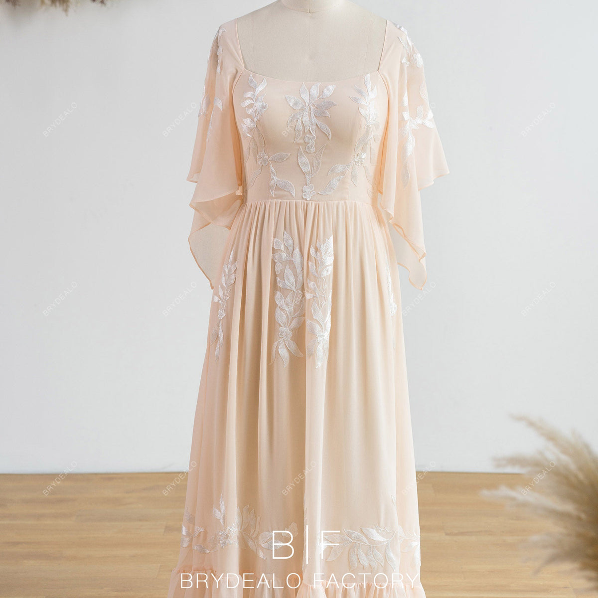 Plus Size Peach Chiffon Flutter Sleeve Long Bridesmaid Formal Gown