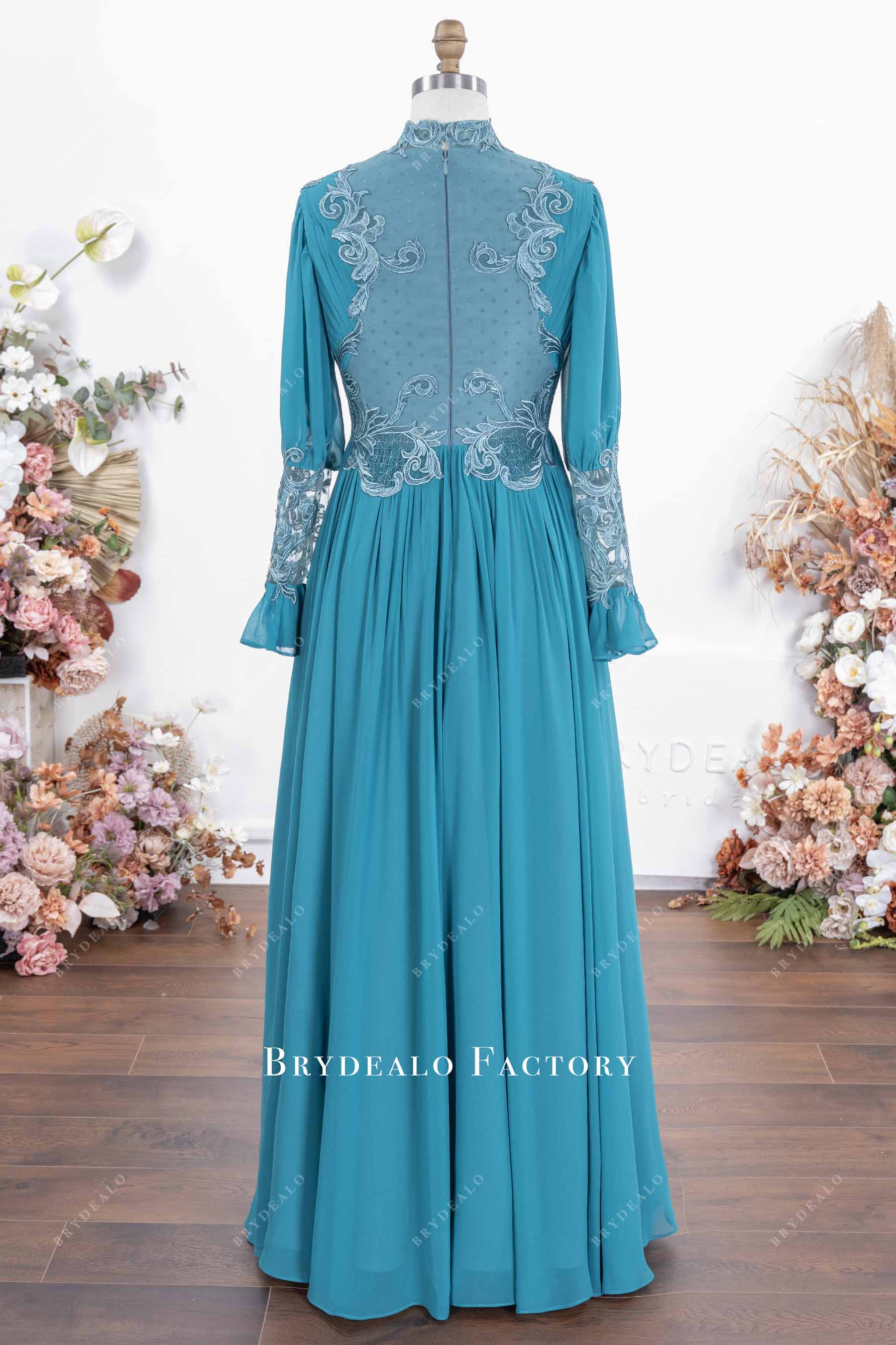peacock chiffon lace floor length formal dress