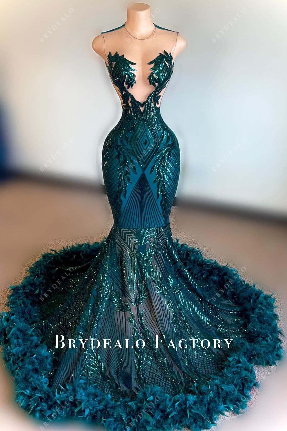 peacock feathered trumpet prom dress