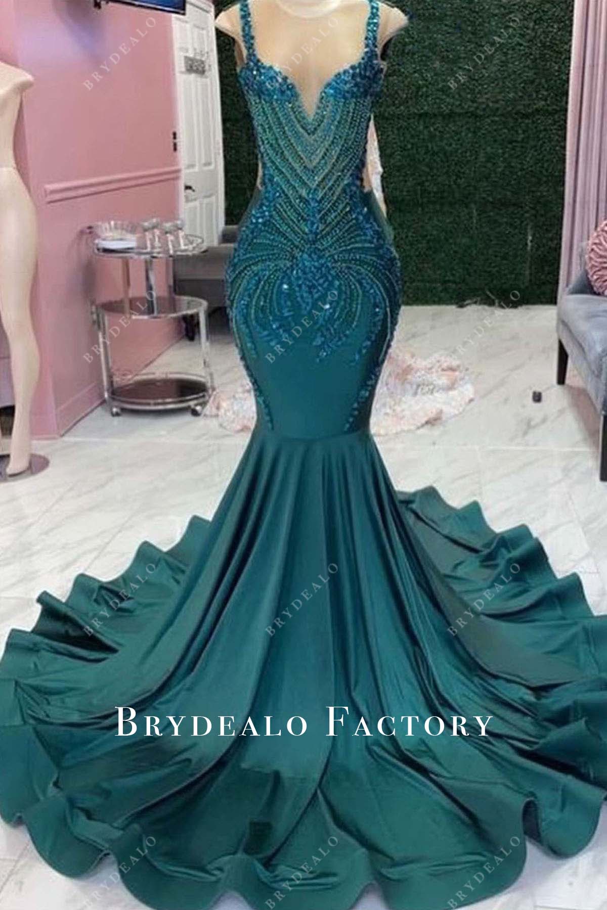 peacock rhinestone straps trumpet prom dress