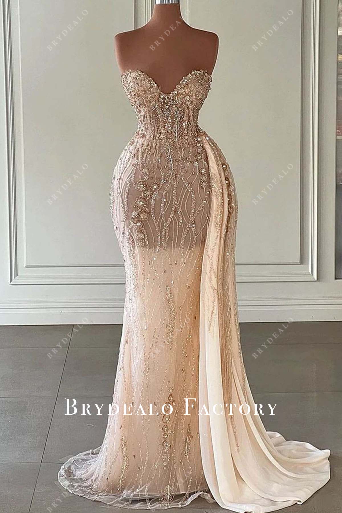 pearl pink strapless beaded prom dress