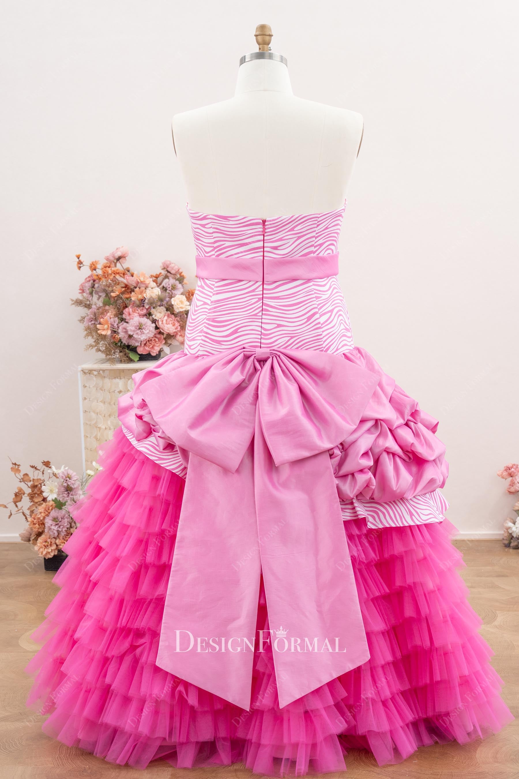 pink big bowknot tiered tulle  Quinceanera gown