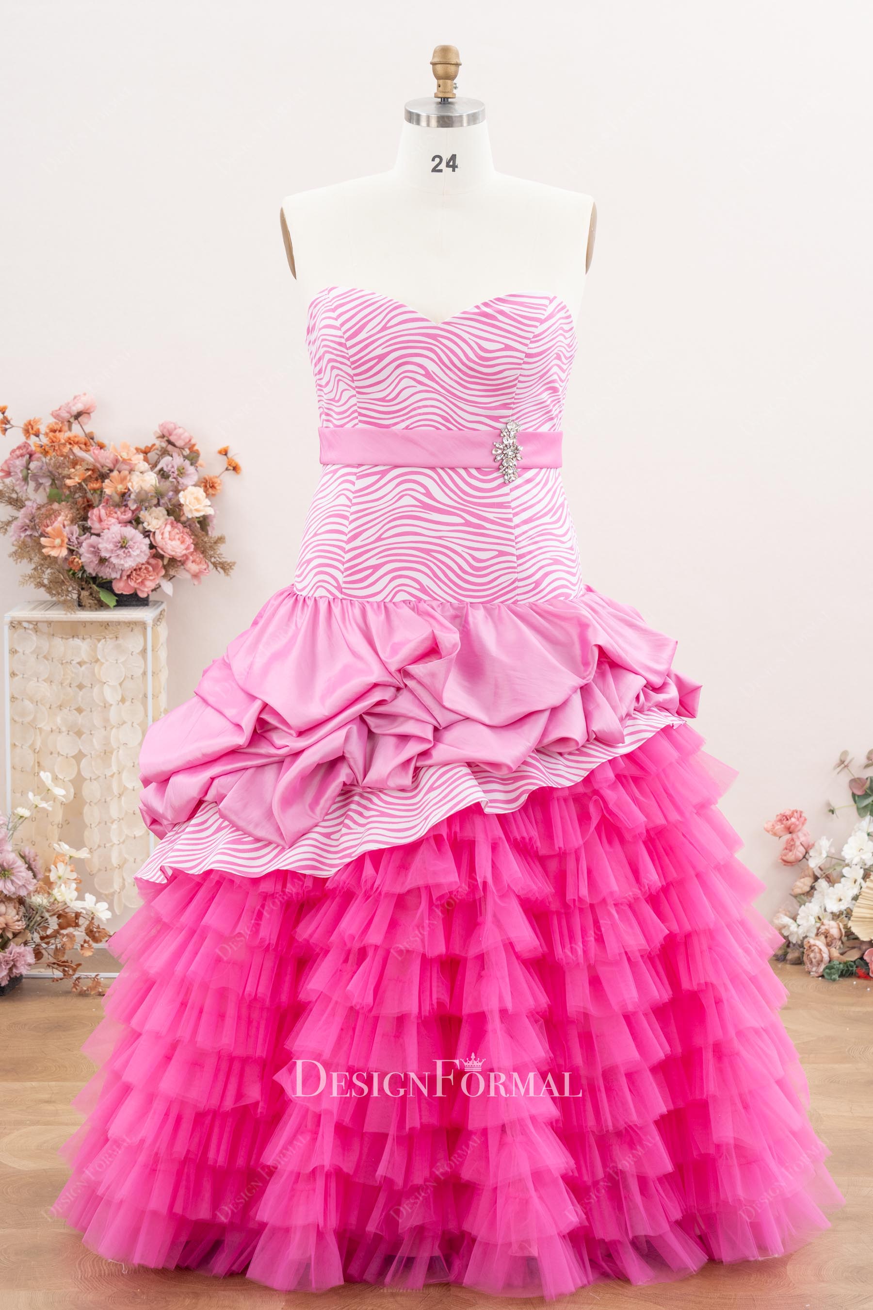 pink Ruched tiered tulle Quinceanera ballgown