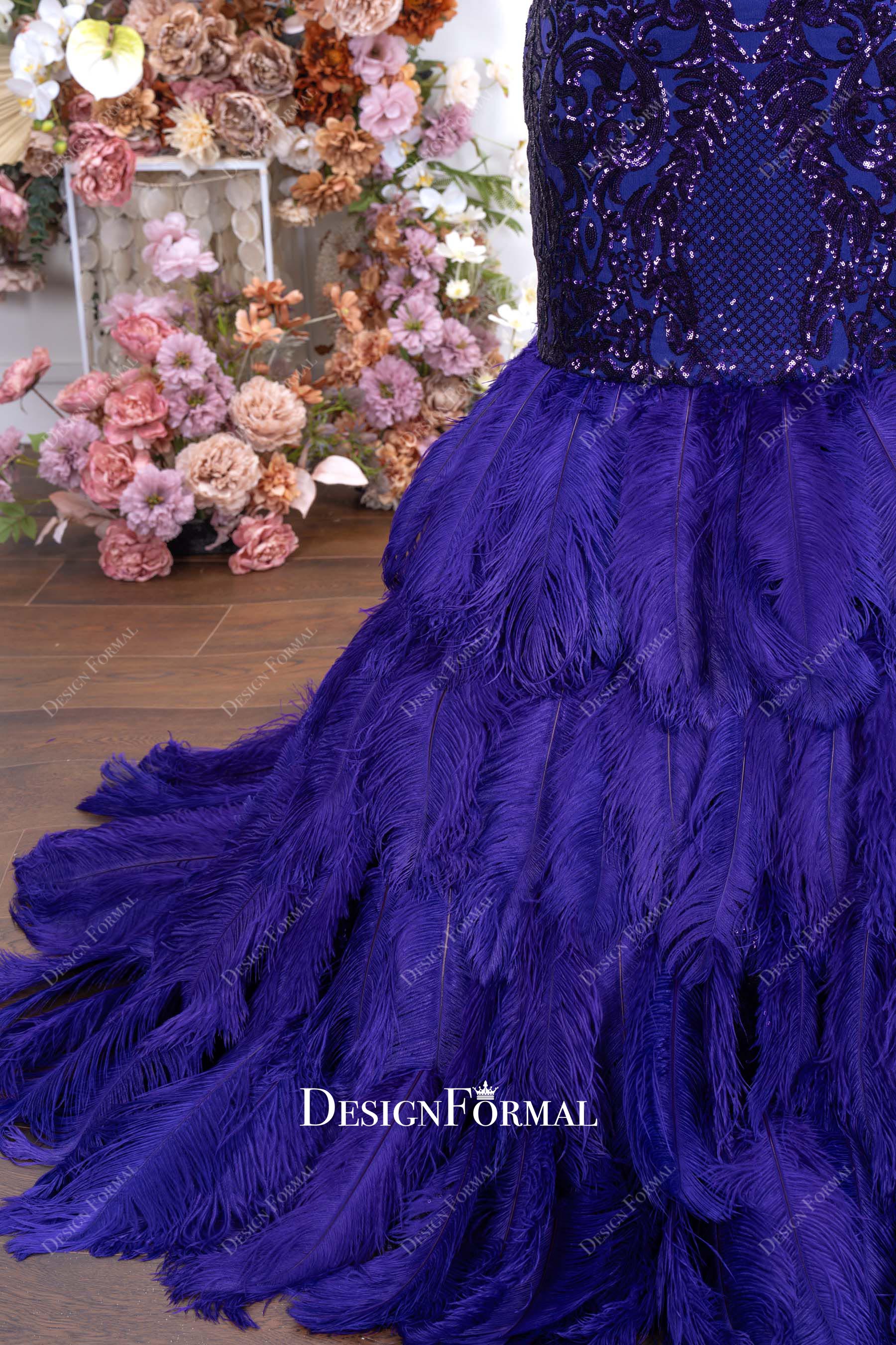 purple feathered trumpet prom dress