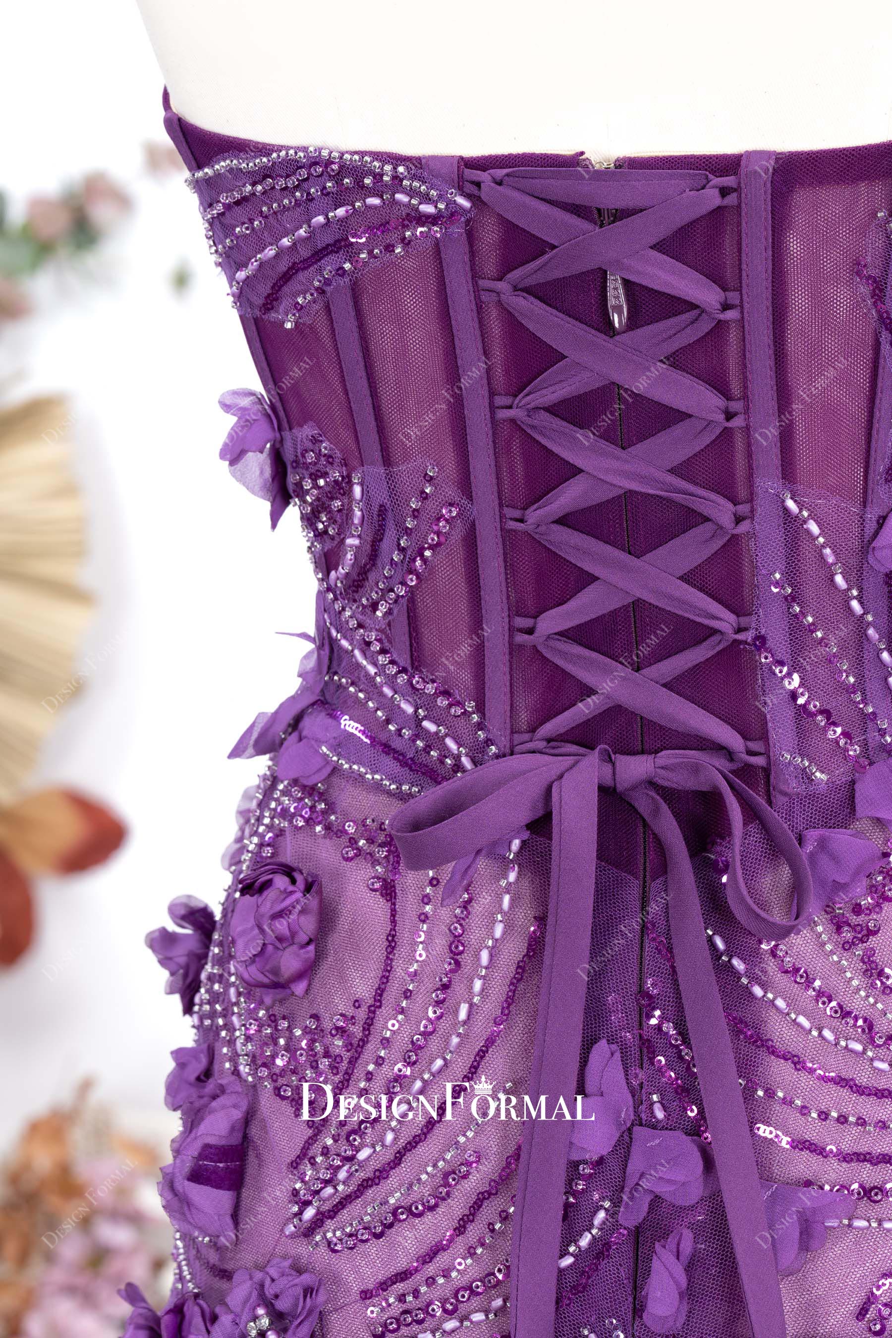 purple strapless lace up back prom dress