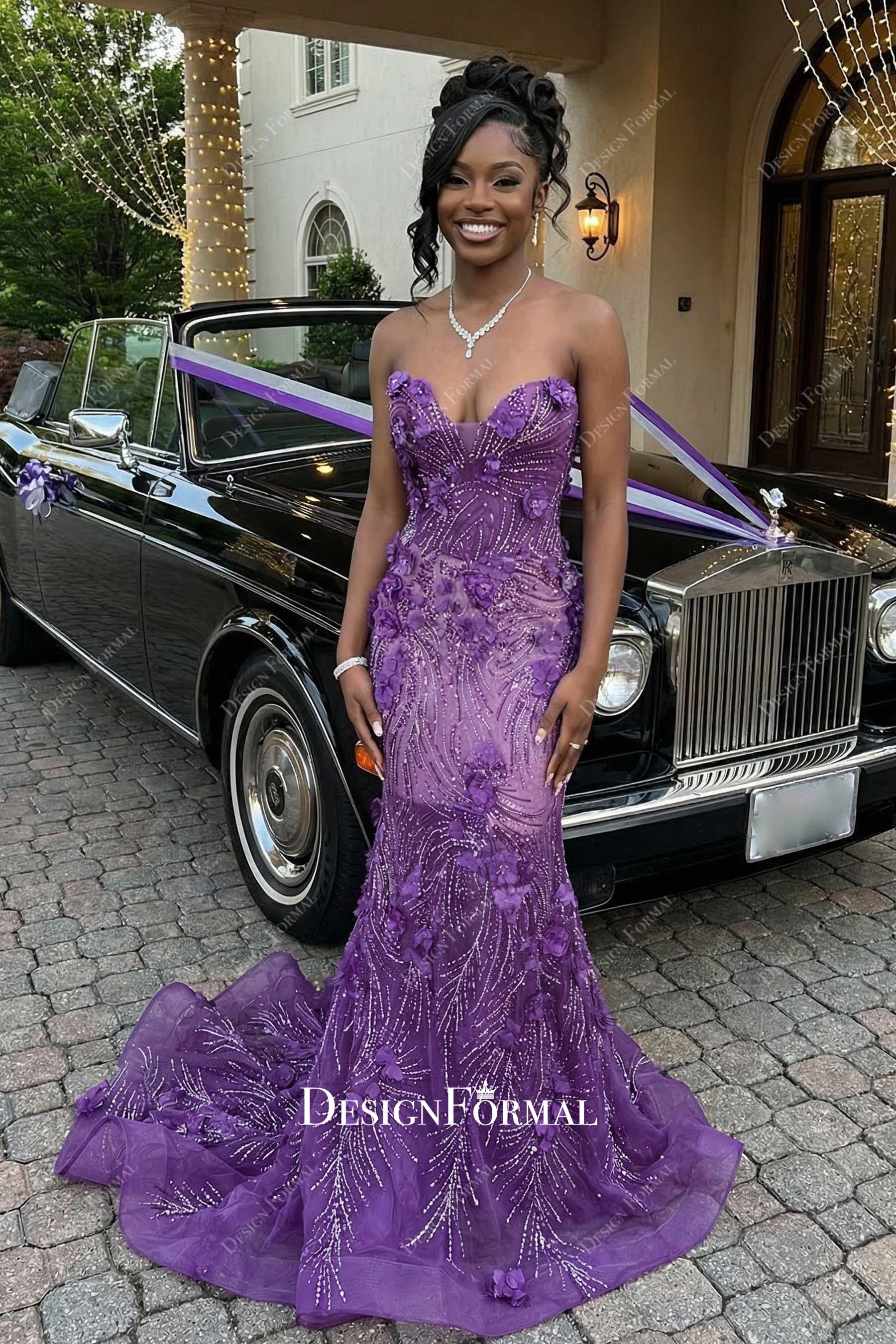 purple strapless mermaid prom dress