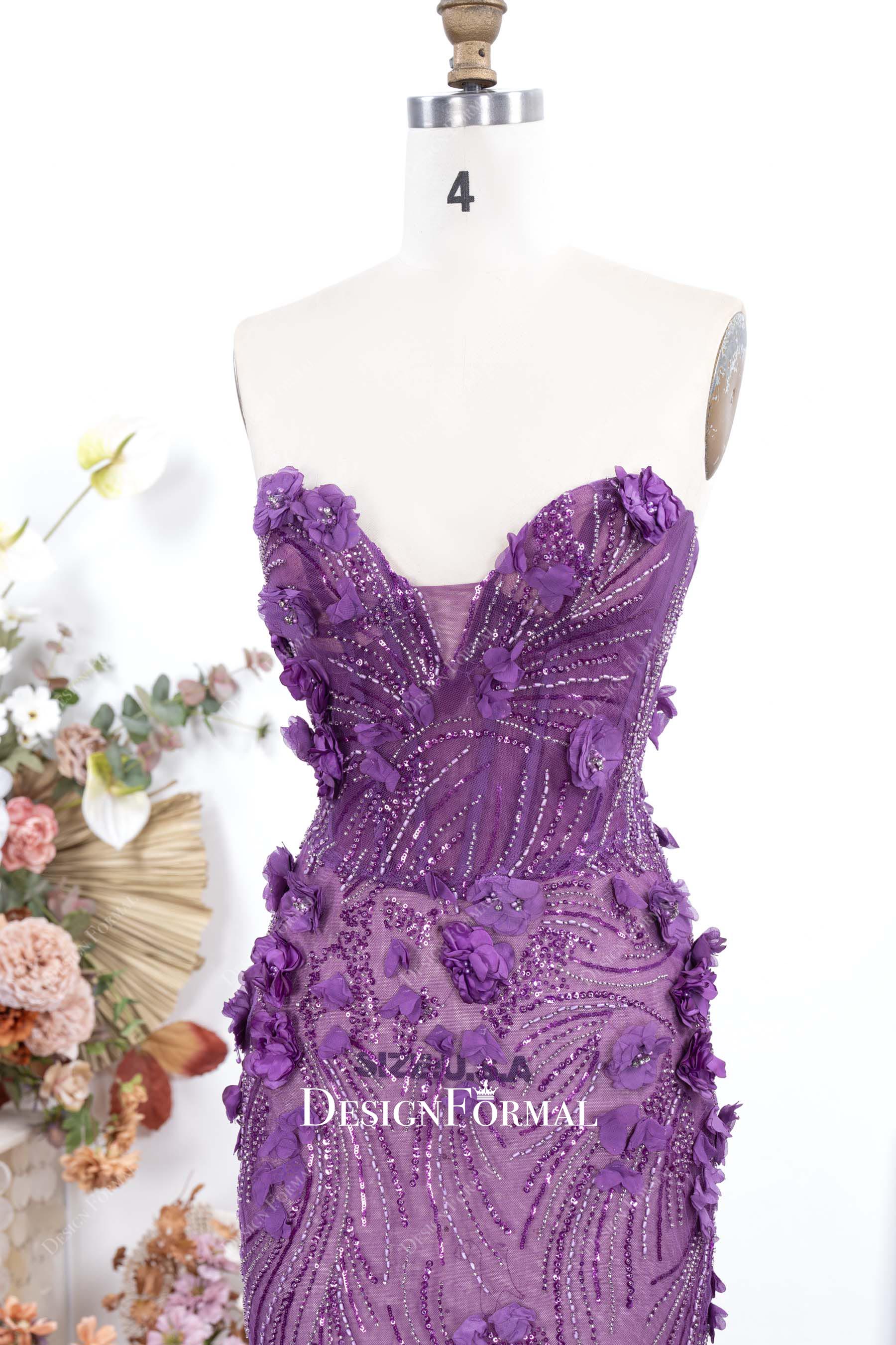 purple strapless sweetheart neck prom dress