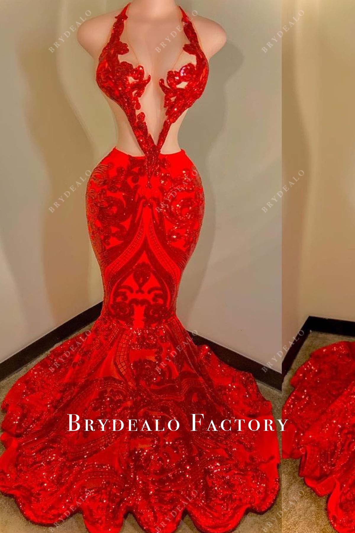 red halter sequined mermaid prom dress