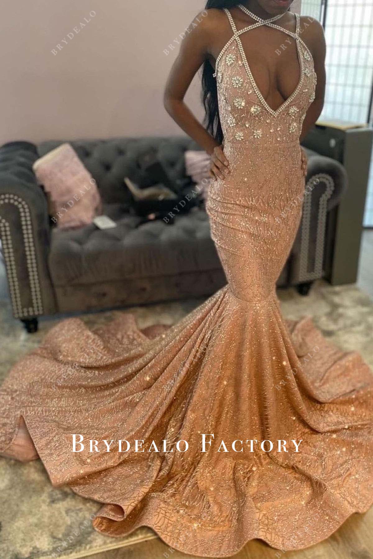 rose gold glitter mermaid prom dress