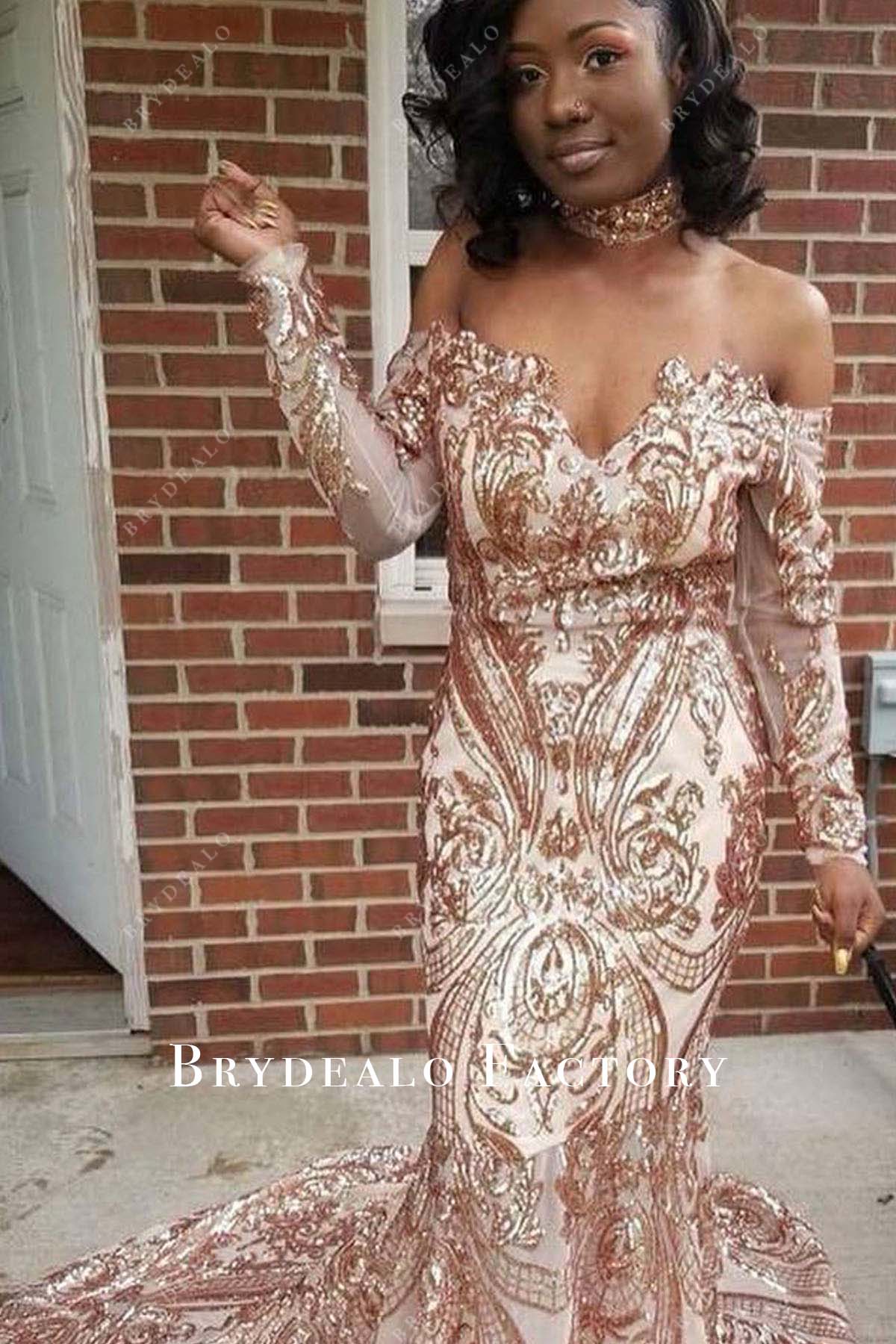 rose gold sequines off shoulder prom dress