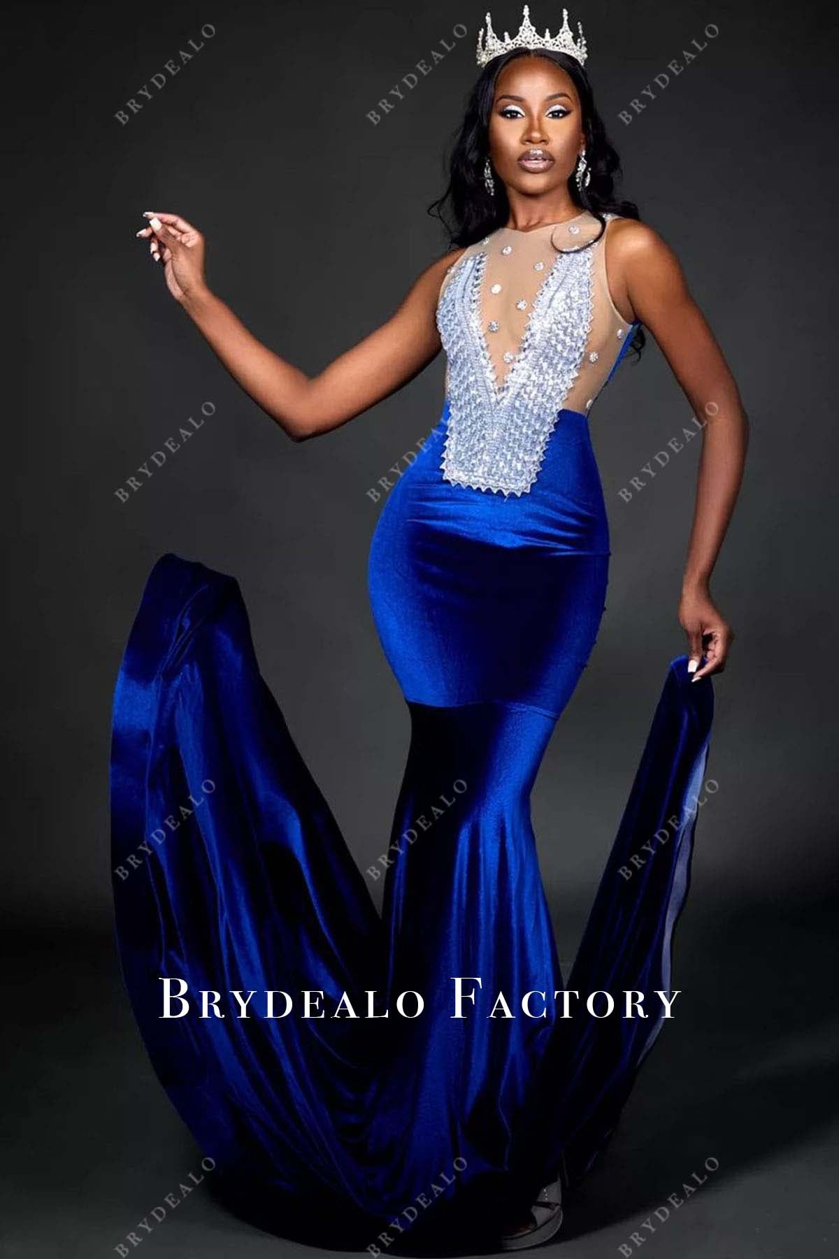 royal blue trumpet long train prom dress