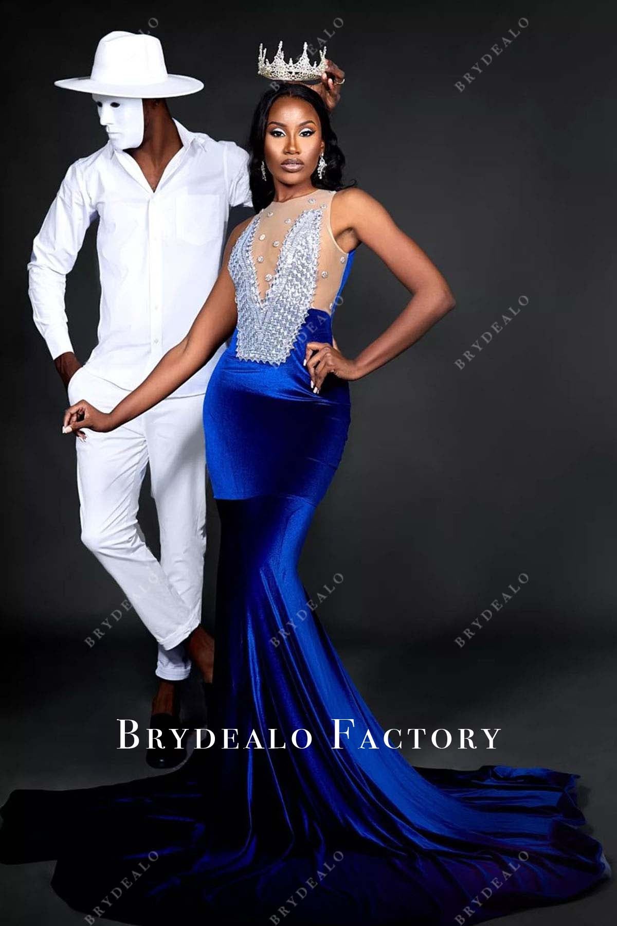 royal blue velvet mermaid prom dress