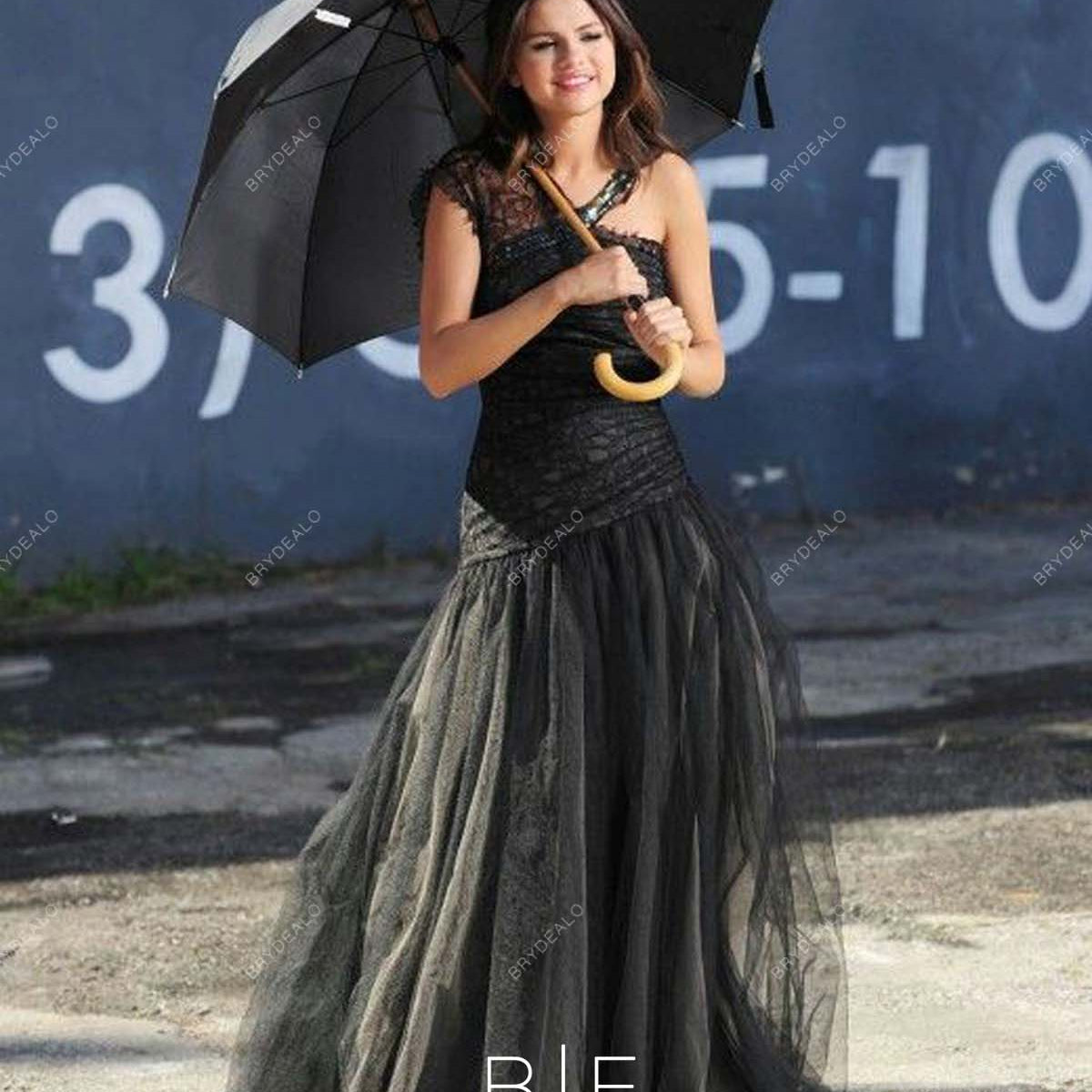Selena Gomez Black One Shoulder Lace Tulle Celebrity Dress
