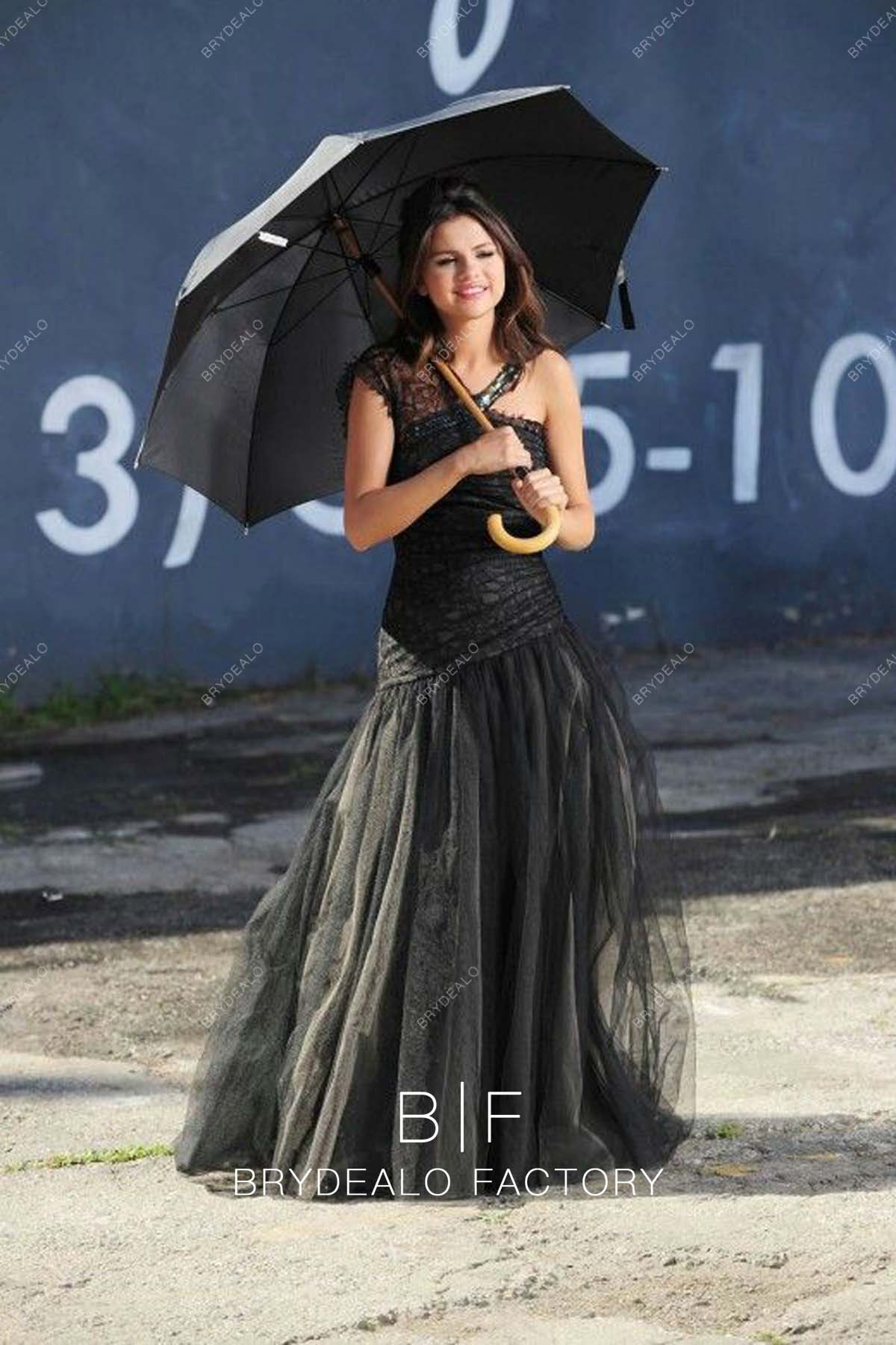 Selena Gomez Black One Shoulder Lace Tulle Celebrity Dress