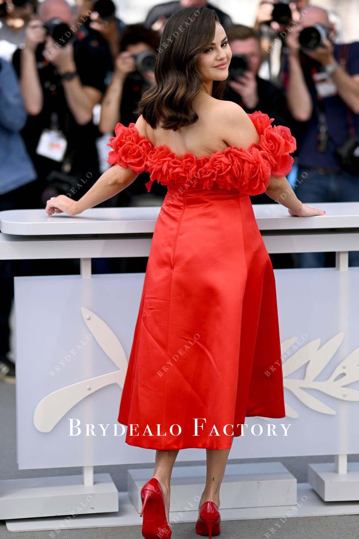 Selena Gomez Red Flowers Off Shoulder 2024 Cannes Film Festival Dress