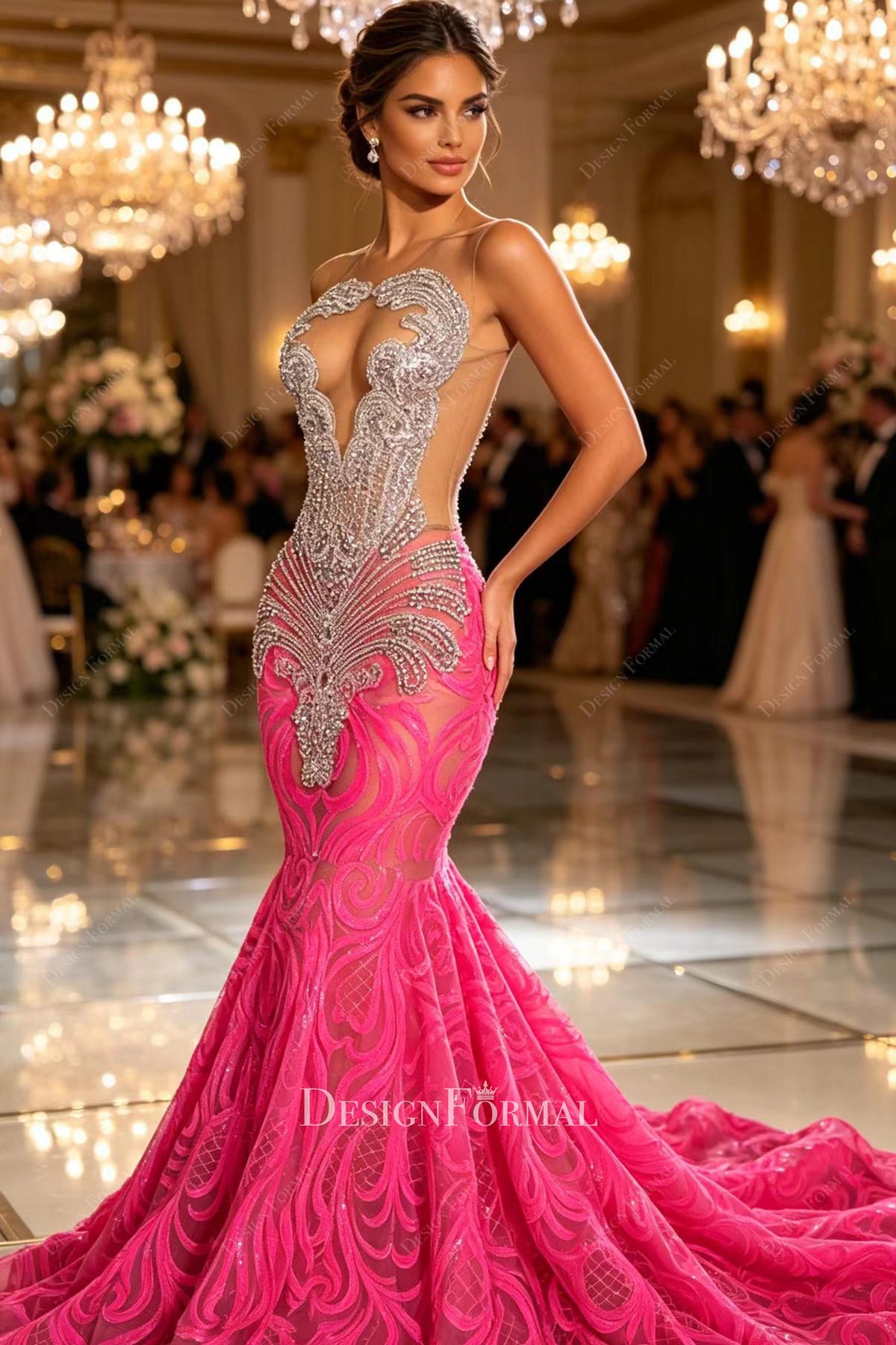Silver Rhinestones Fuchsia Sequin Dress