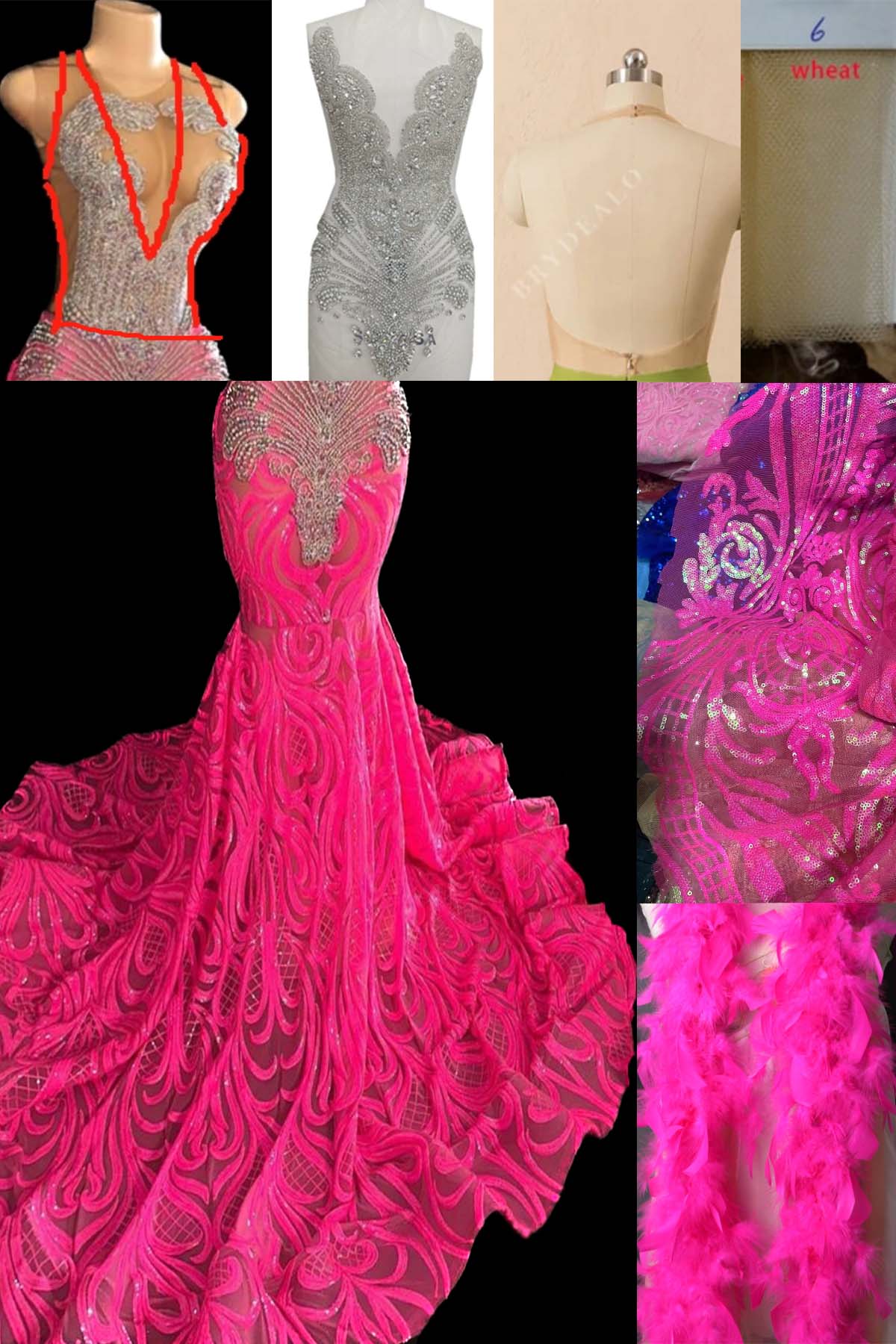 Silver Rhinestones Fuchsia Sequin Feathers Dress