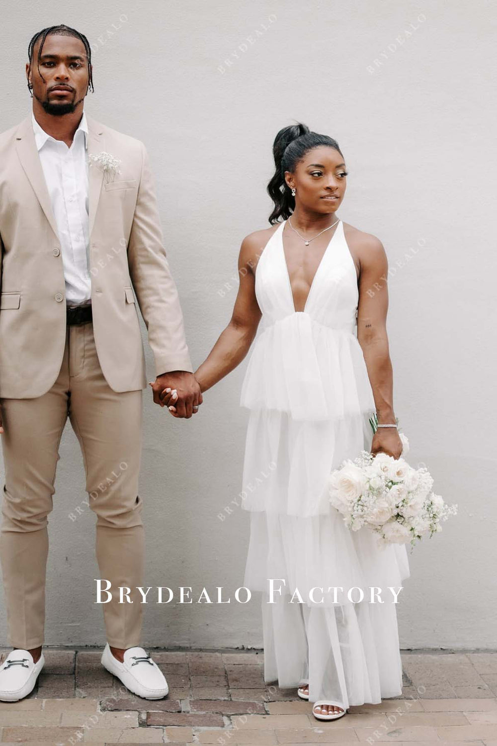 Simone Biles Plunging Halter White Tulle Tiered Wedding Dress