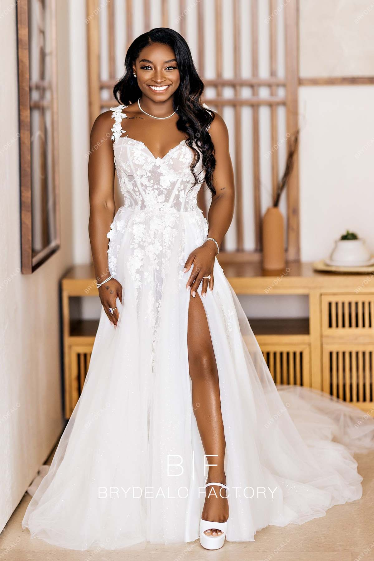 Simone Biles Modern Corset Lace Tulle Slit A-line Wedding Dress