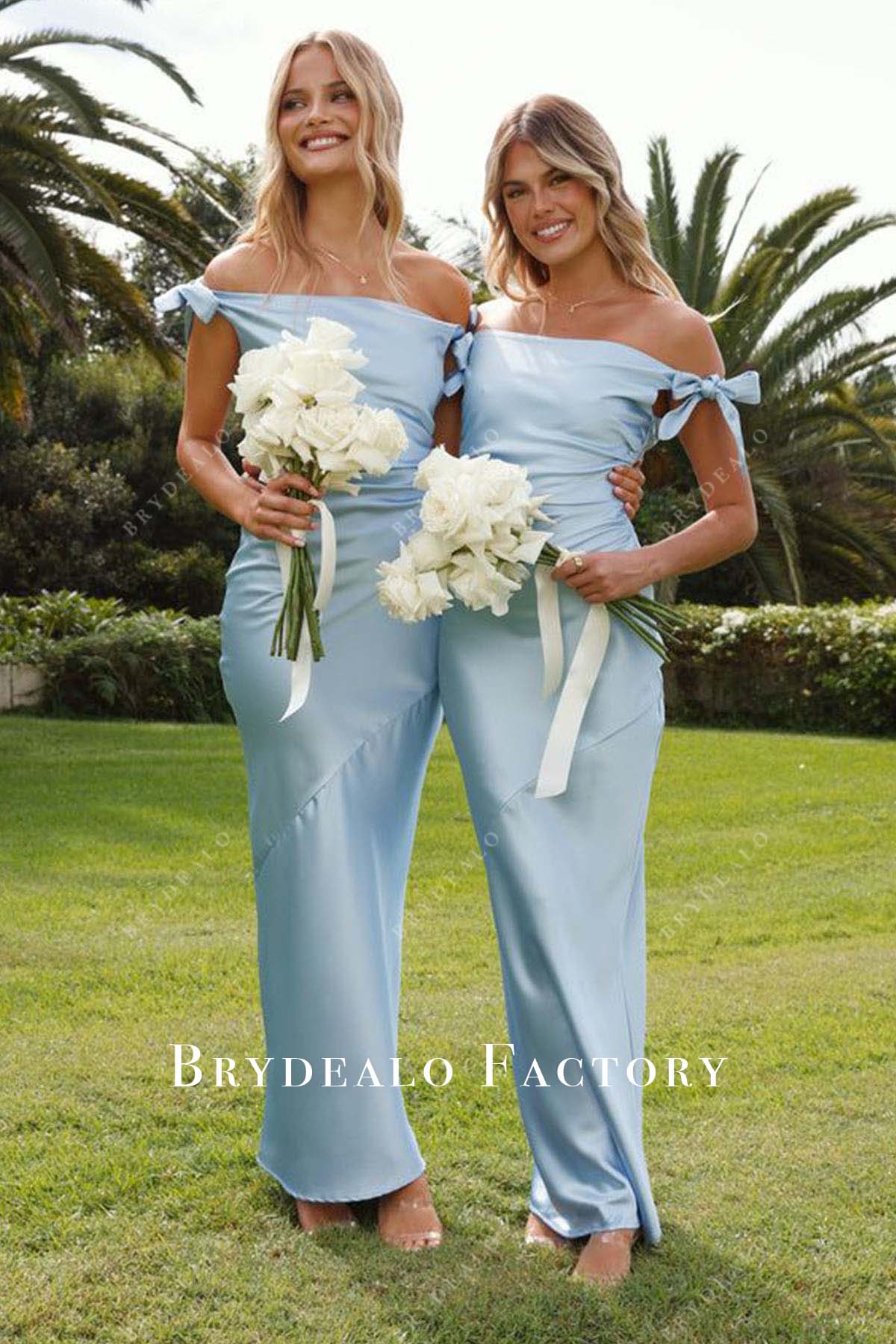 sky blue floor length bridesmaid dress