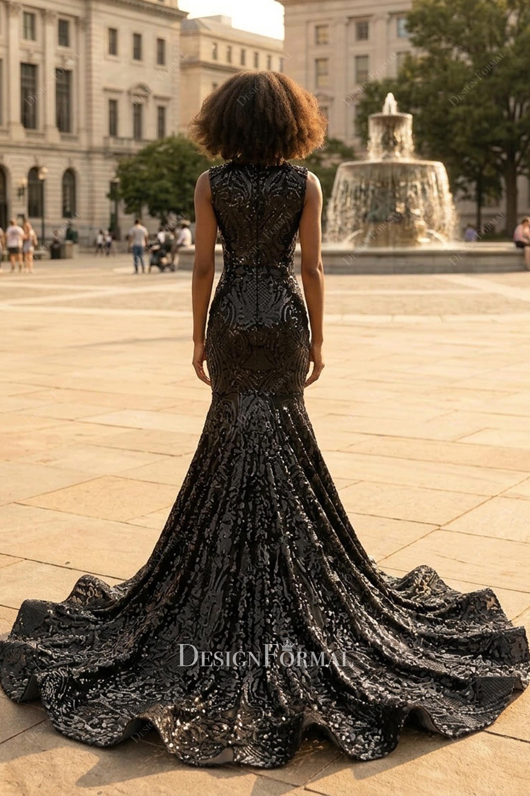 sparkly black chapel train prom dress