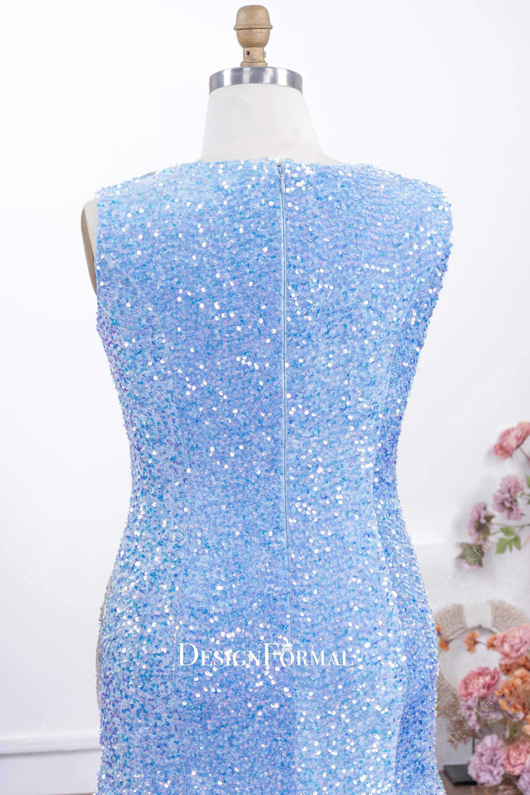 sparkly blue sequin full back prom dress