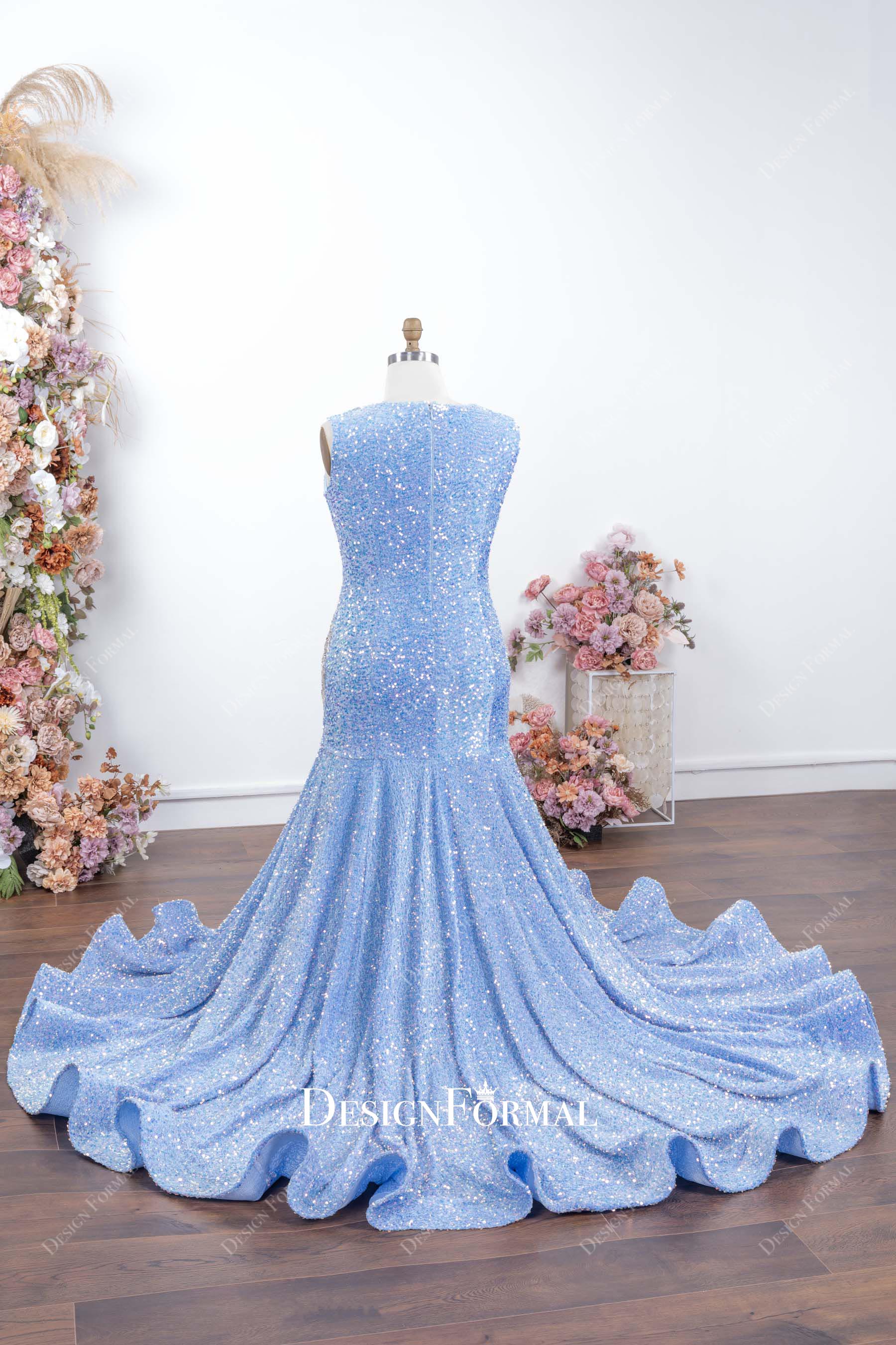 sparkly blue sequin trumpet chapel train prom dress