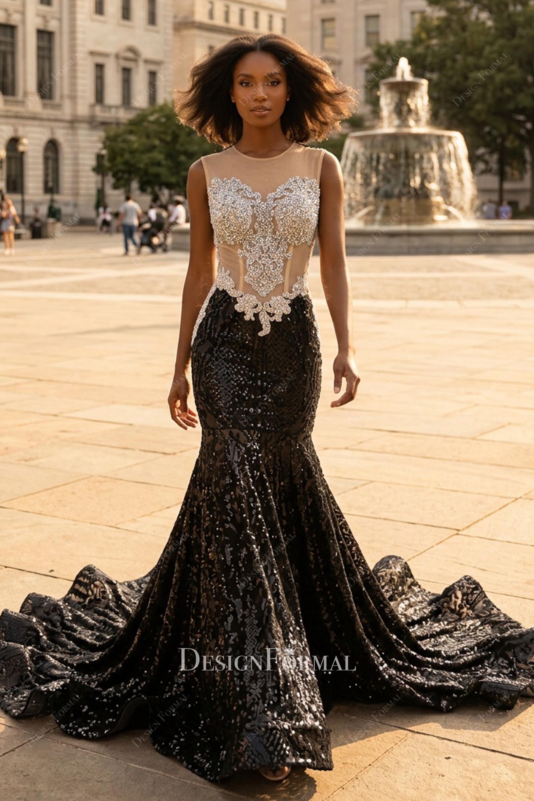 sparkly sequin sleeveless trumpet prom dress