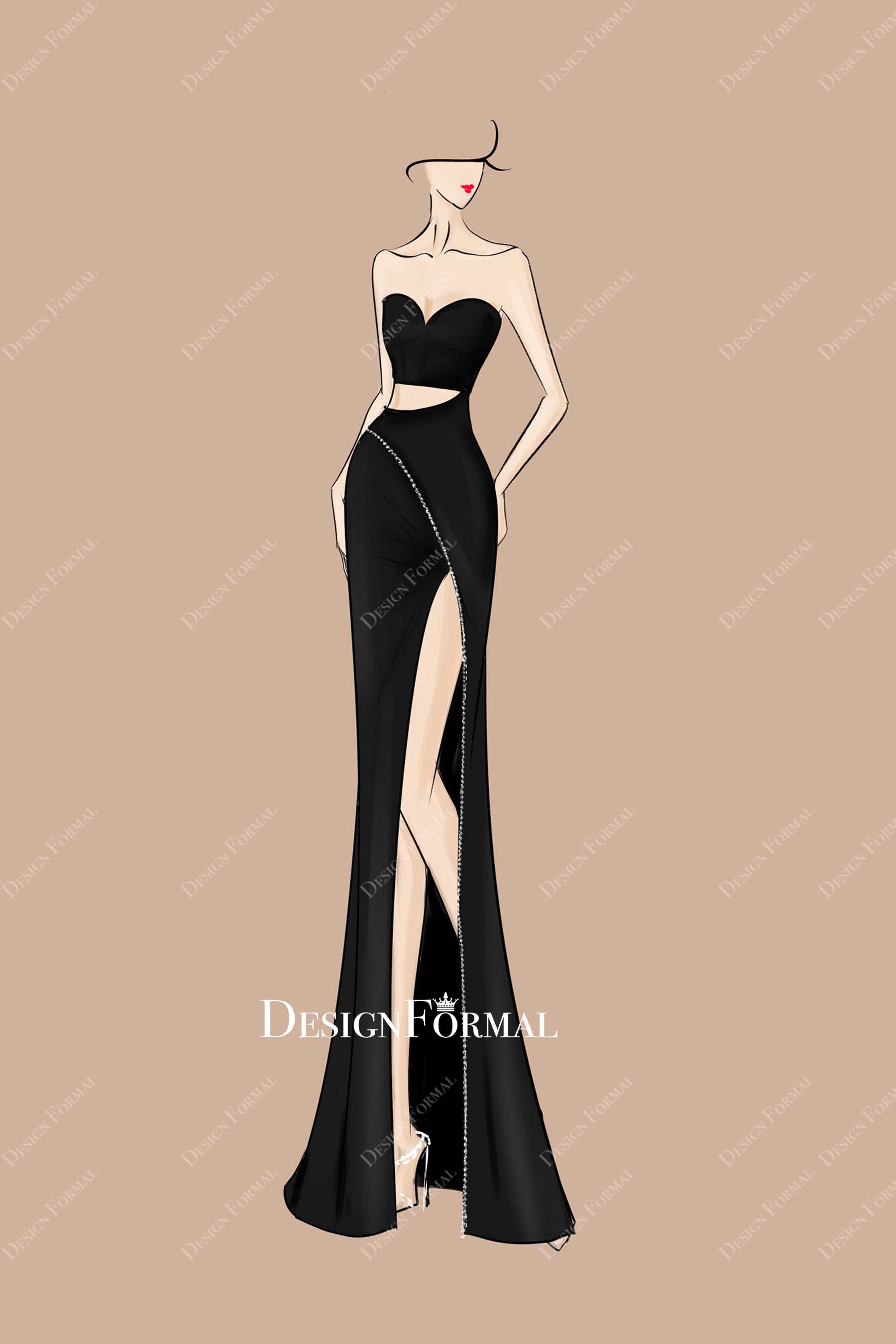 sweetheart neck cutout slit prom dress sketch