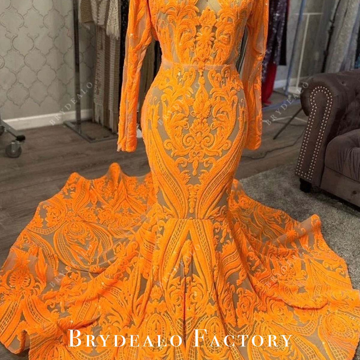 tangerine prom dress Rachel Allan 70710 Long Beaded Prom Fitted Slit Formal Dress