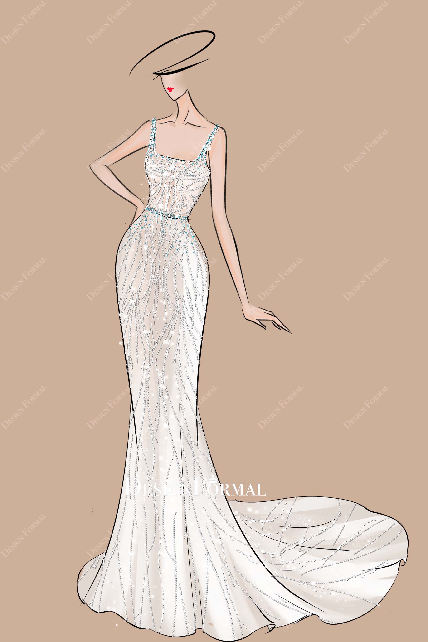 Turquoise Beading Square Neck Mermaid Wedding Dress Sketch