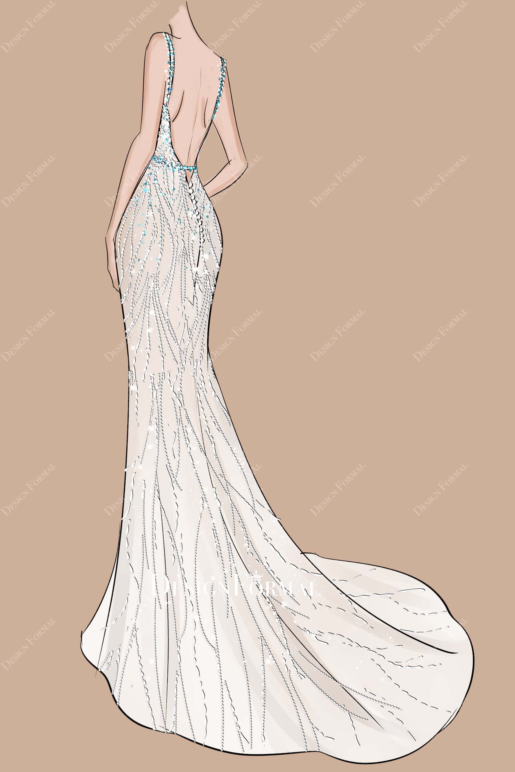 Turquoise Beading Strap Open Back Mermaid Wedding Dress Sketch