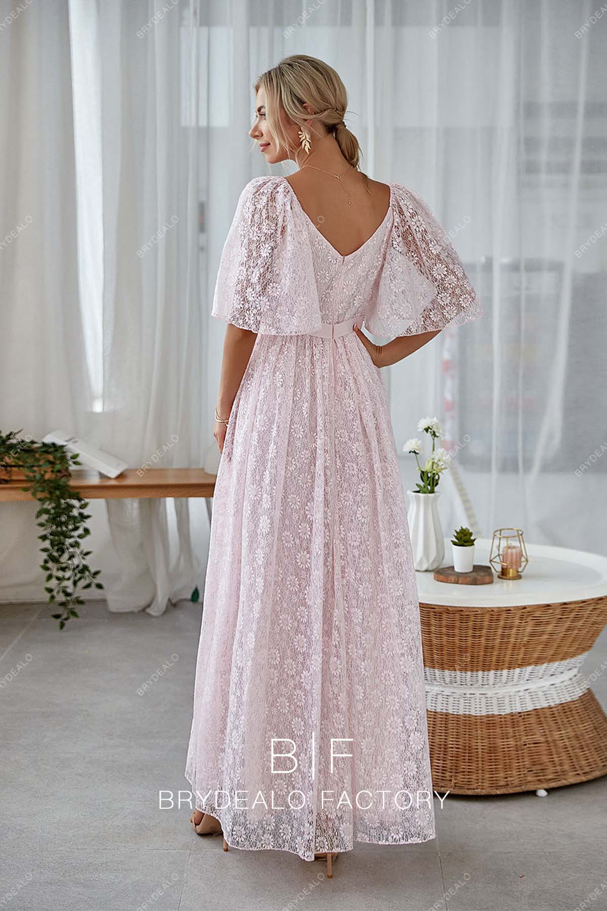 Heavenly Pink Lace Flutter Sleeves Elegant Long Bridesmaid Dress