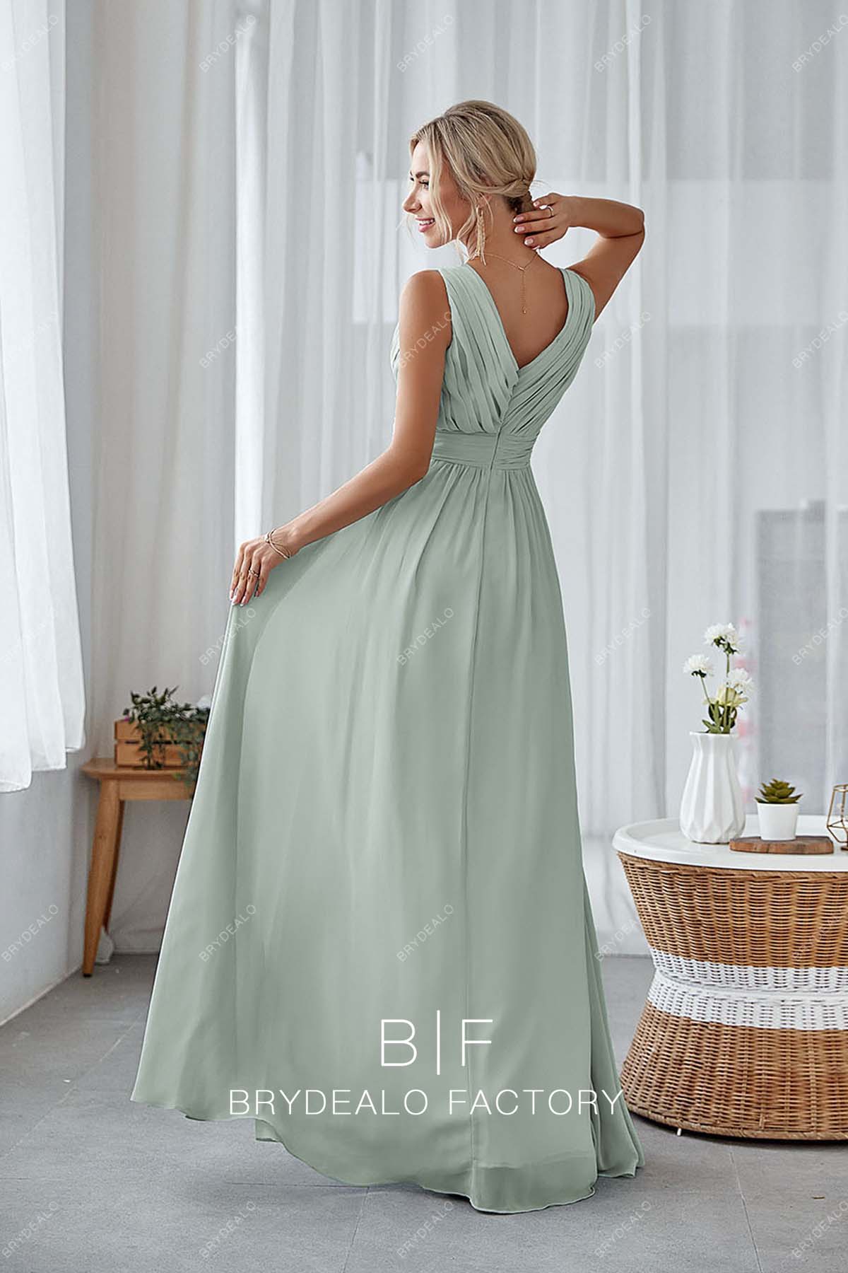 V-back sleeveless floor length bridesmaid gown