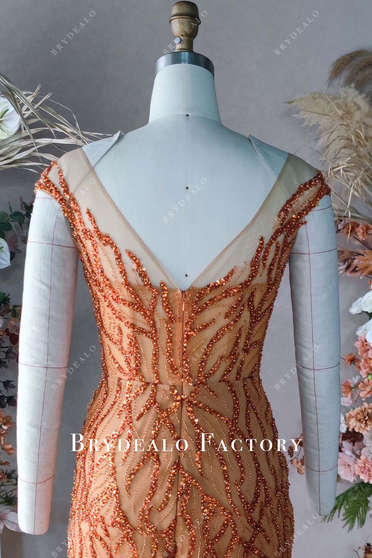 V-back orange beaded formal dress