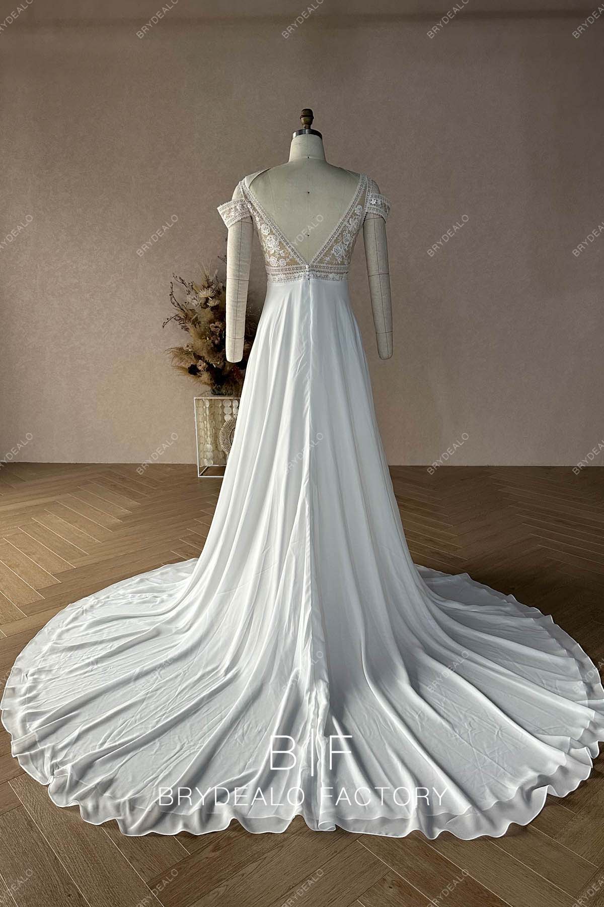 designer long train chiffon A-line V-back bridal gown