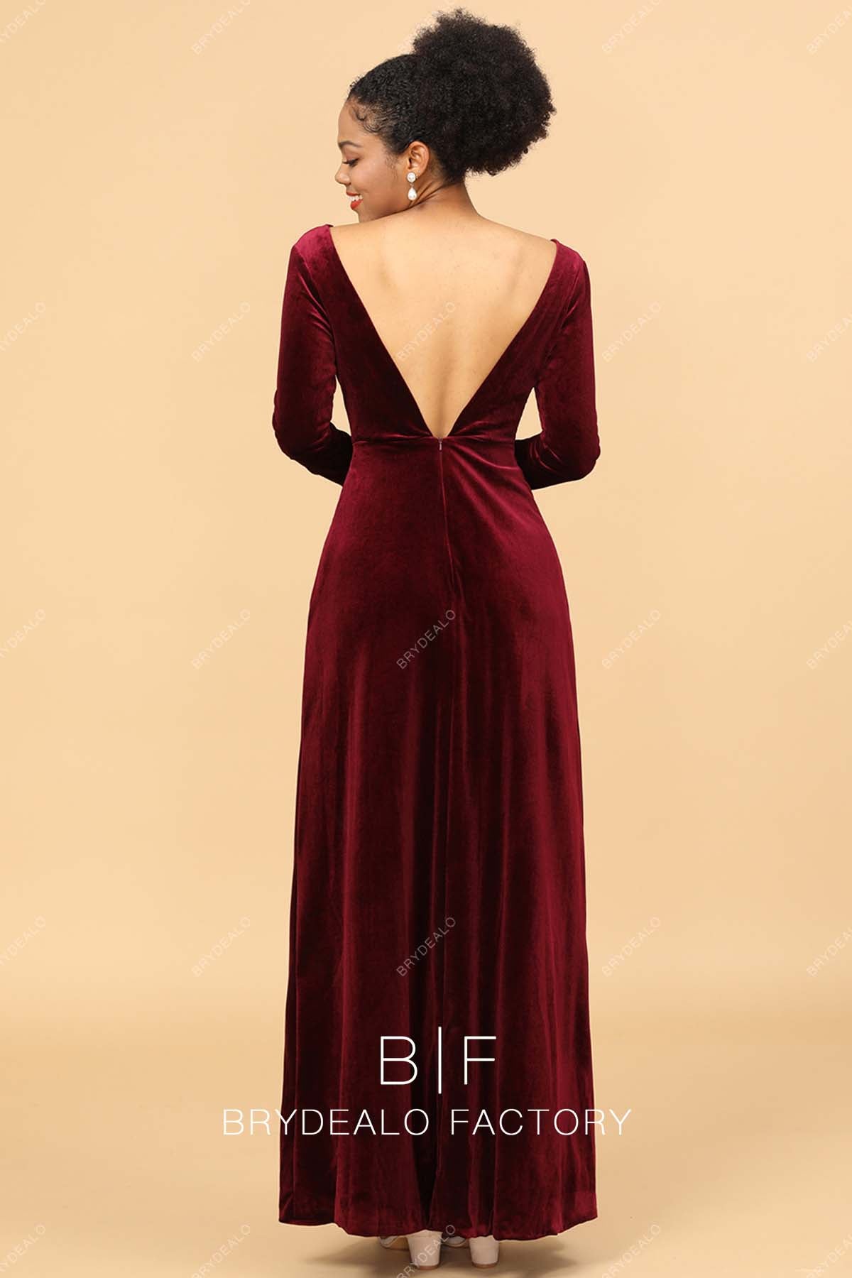 V-back velvet red bridesmaid gown