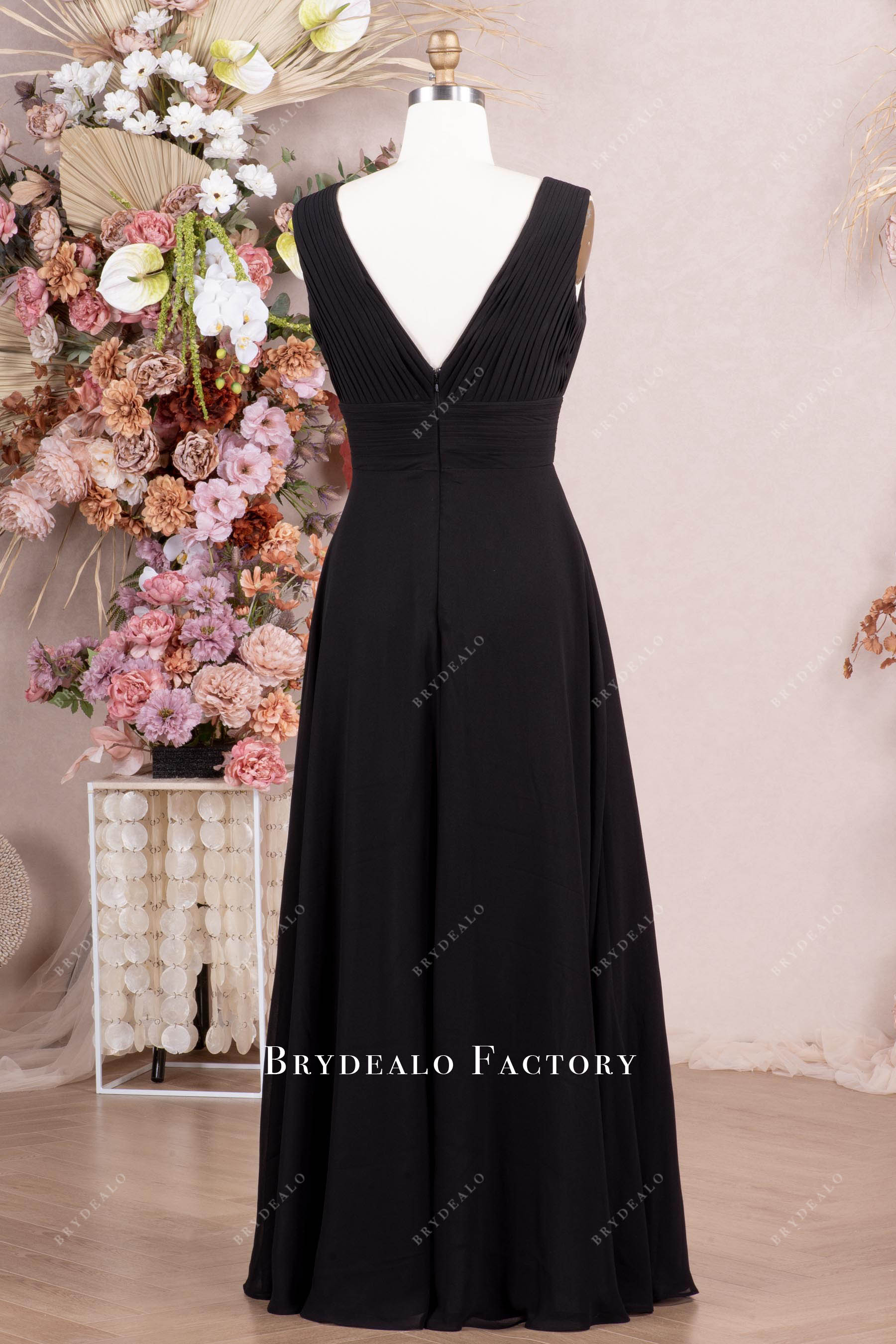 Black Sleeveless V-neck Aline Floor Length Bridesmaid Dress