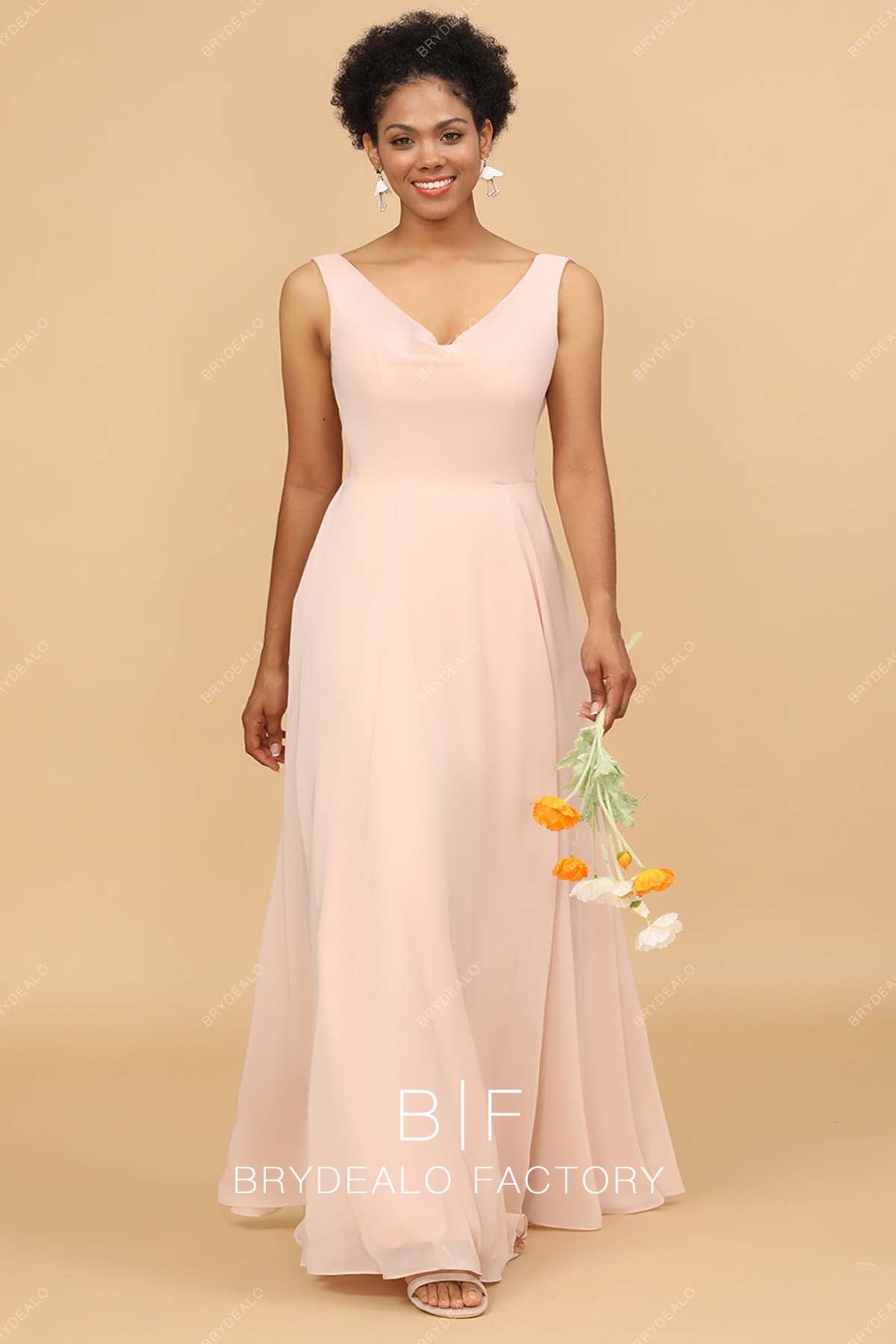 V-neck chiffon pink long bridesmaid dress
