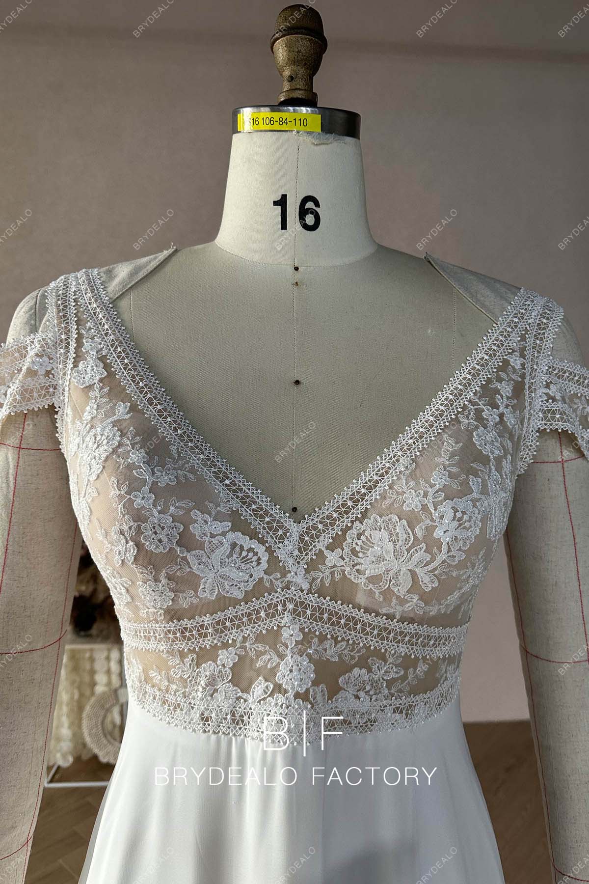 V-neck boho lace off shoulder beach wedding dress