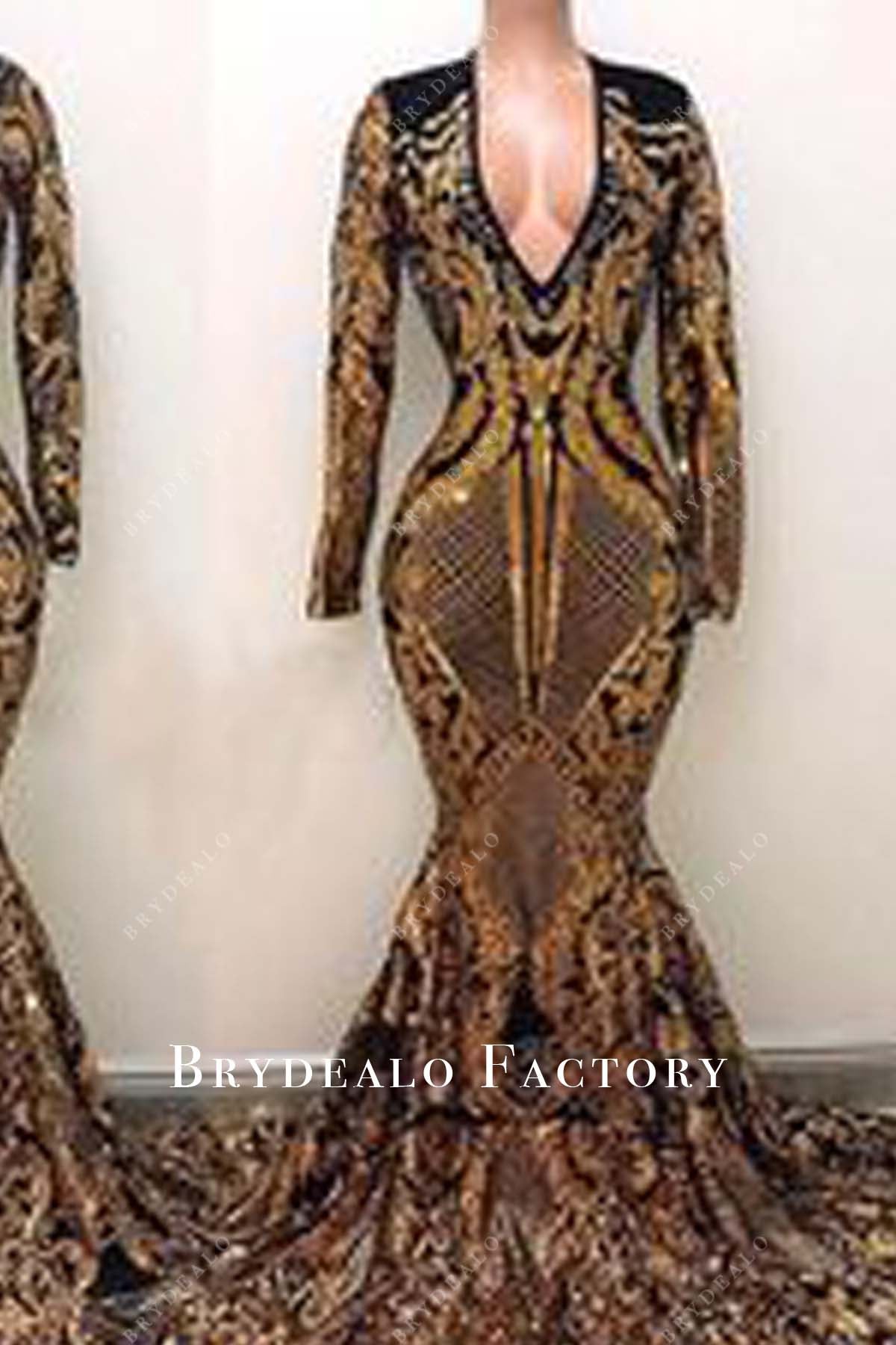 Gold Sequin Overlaid Black V-Neck Mermaid Prom Dress